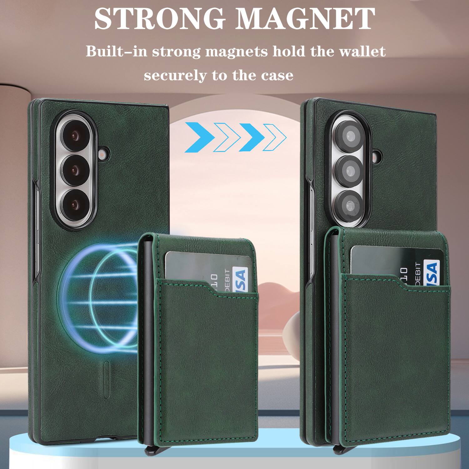 STRONG MAGNET  
Built-in strong magnets hold the wallet securely to the case