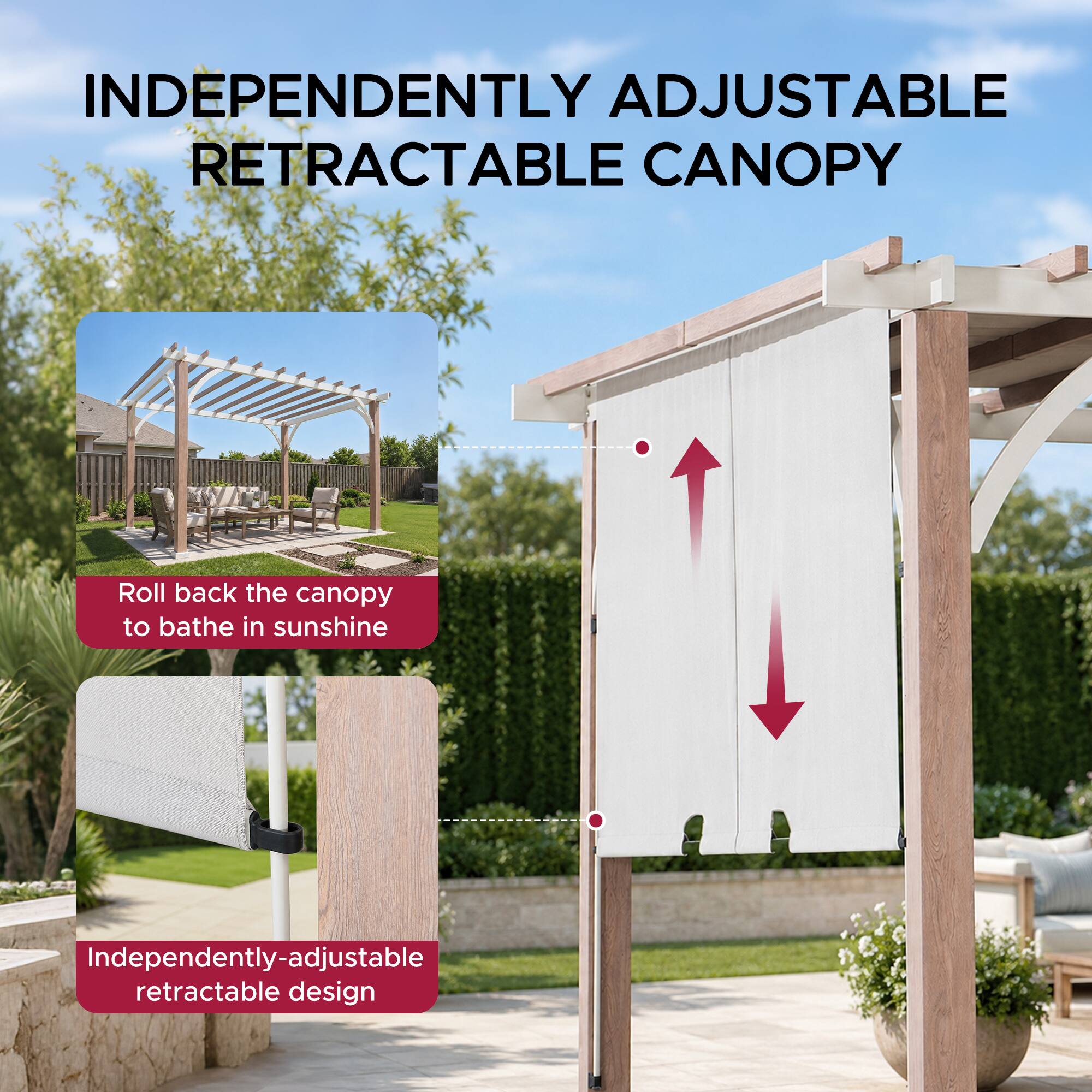 INDEPENDENTLY ADJUSTABLE RETRACTABLE CANOPY

Roll back the canopy to bathe in sunshine

Independently-adjustable retractable design