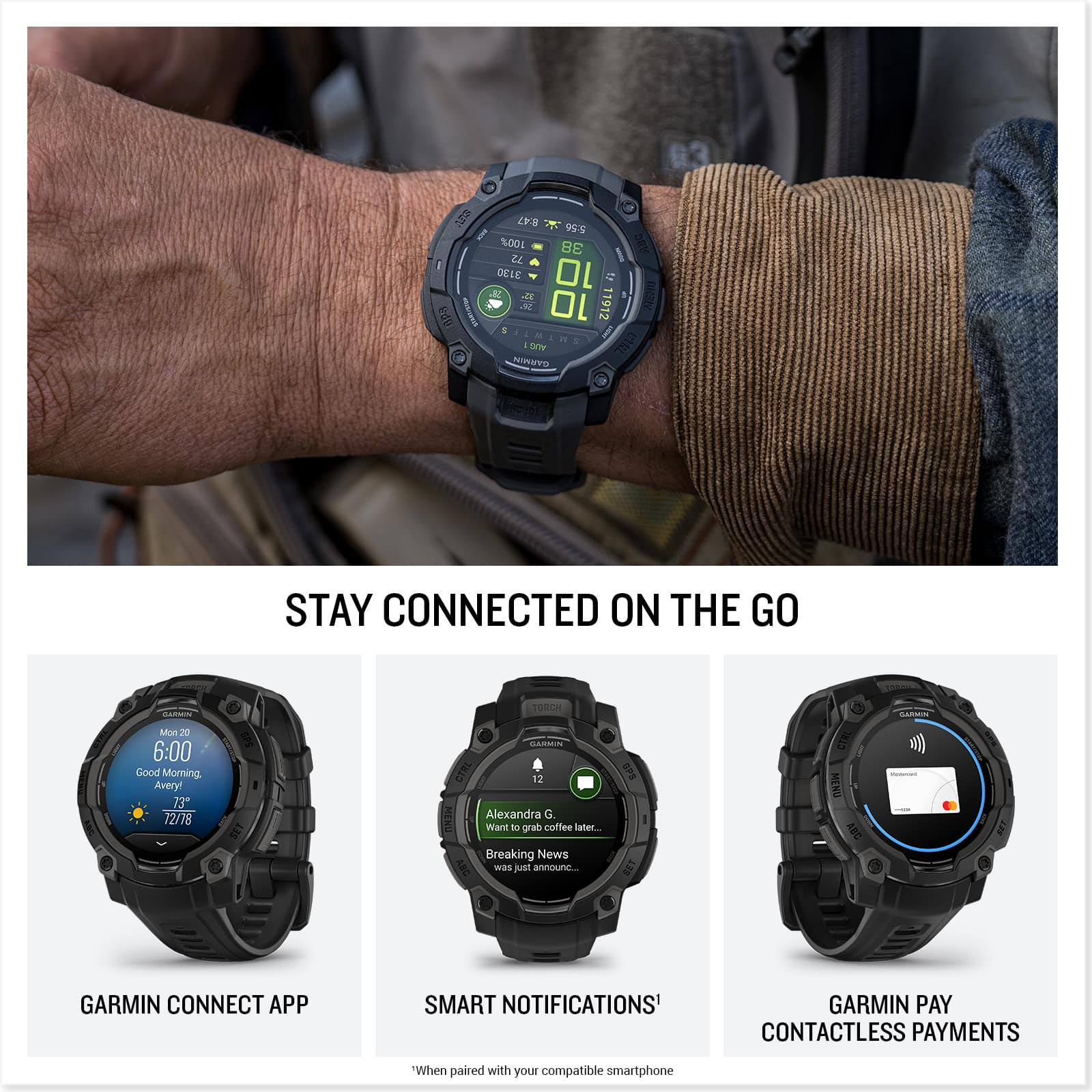 Stay Connected on the Go
Garmin Connect App
Smart Notifications
Garmin Pay
Contactless Payments
When paired with your compatible smartphone