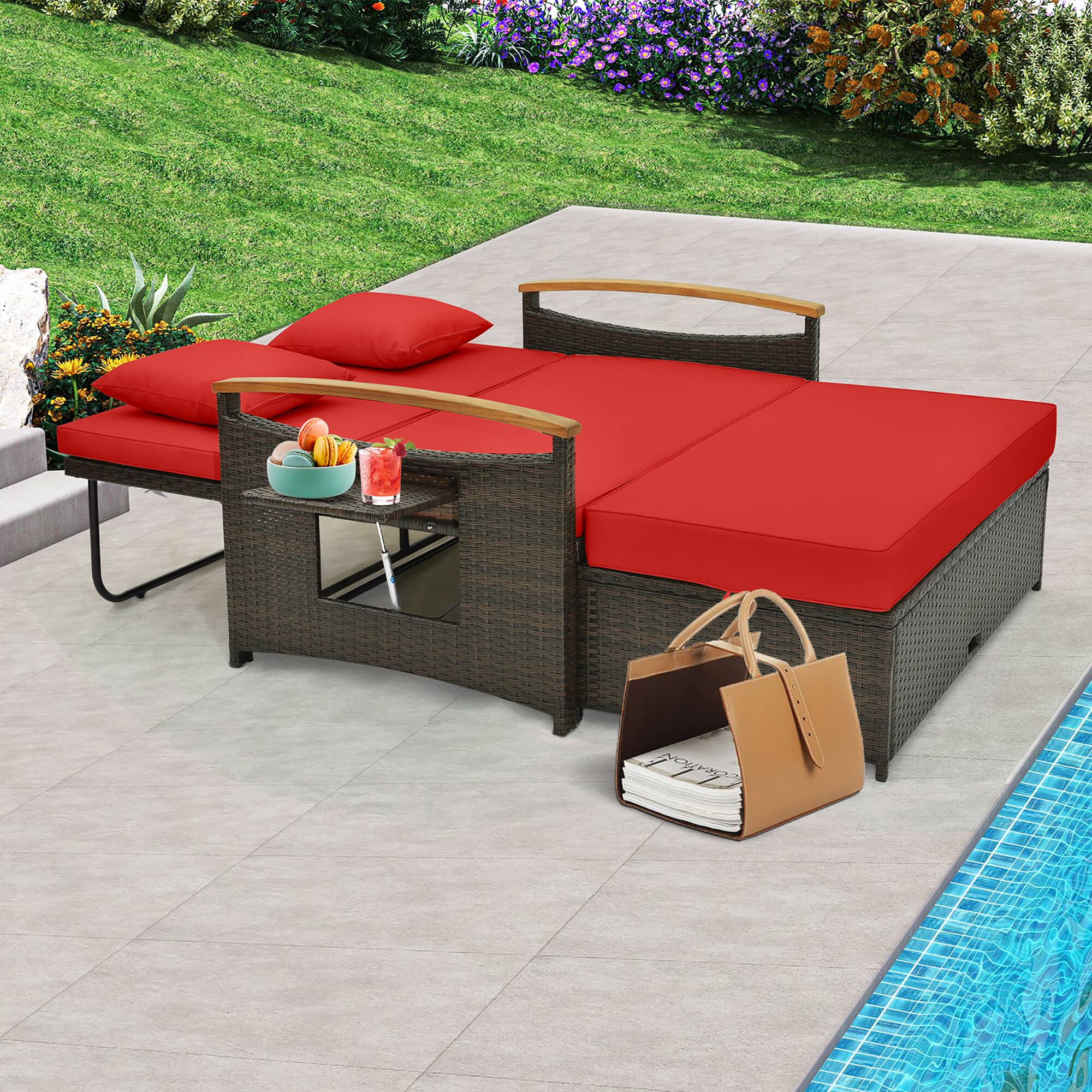 Alt View 1. Gymax - Gymax Patio Rattan Daybed Set w/ Cushioned Loveseat & Storage Ottoman - Mix Brown, Red.