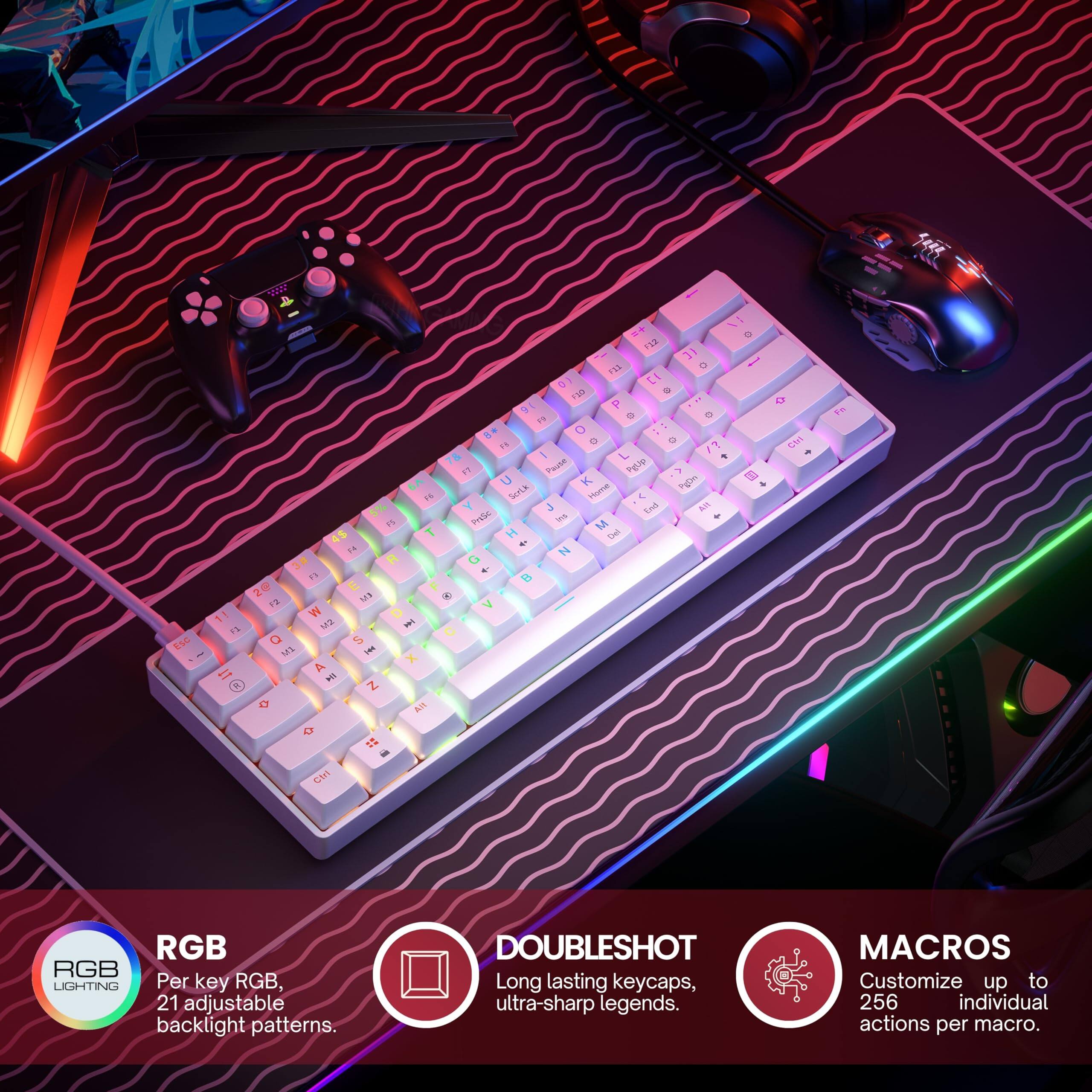 RGB  
Per key RGB, 21 adjustable backlight patterns.

DOUBLESHOT  
Long lasting keycaps, ultra-sharp legends.

MACROS  
Customize up to 256 individual actions per macro.