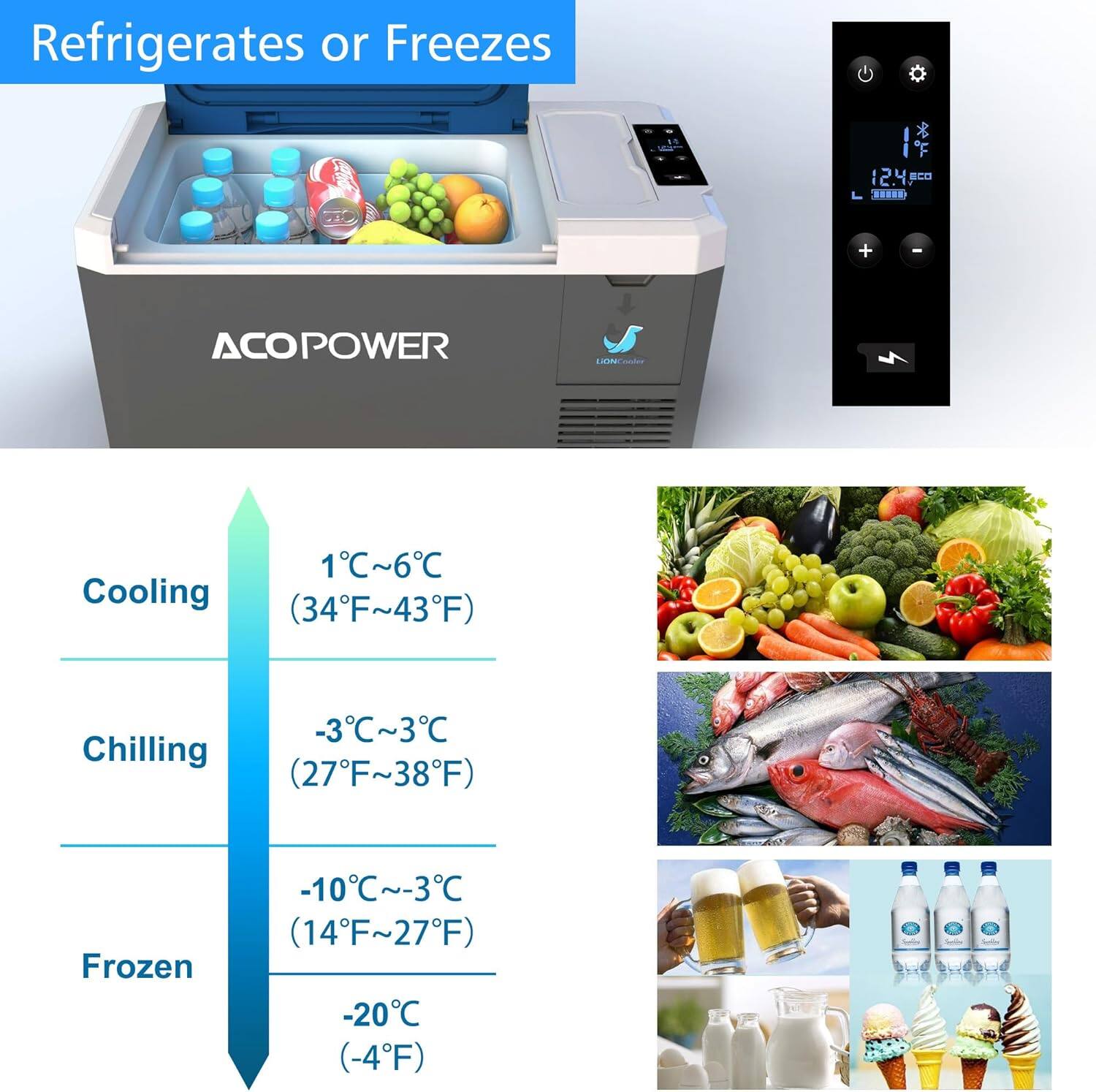 Refrigerates or Freezes

ACOPOWER

Cooling  
1°C~6°C (34°F~43°F)

Chilling  
-3°C~3°C (27°F~38°F)

Frozen  
-10°C~-3°C (14°F~27°F)

-20°C (-4°F)