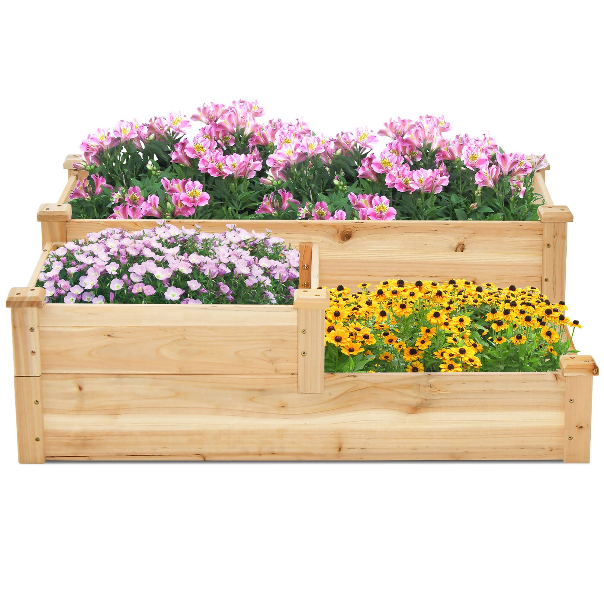 Alt View 9. Gymax - Gymax 3-Tier Outdoor Raised Garden Bed Fir Wood Elevated Flower Box Backyard - Natural.