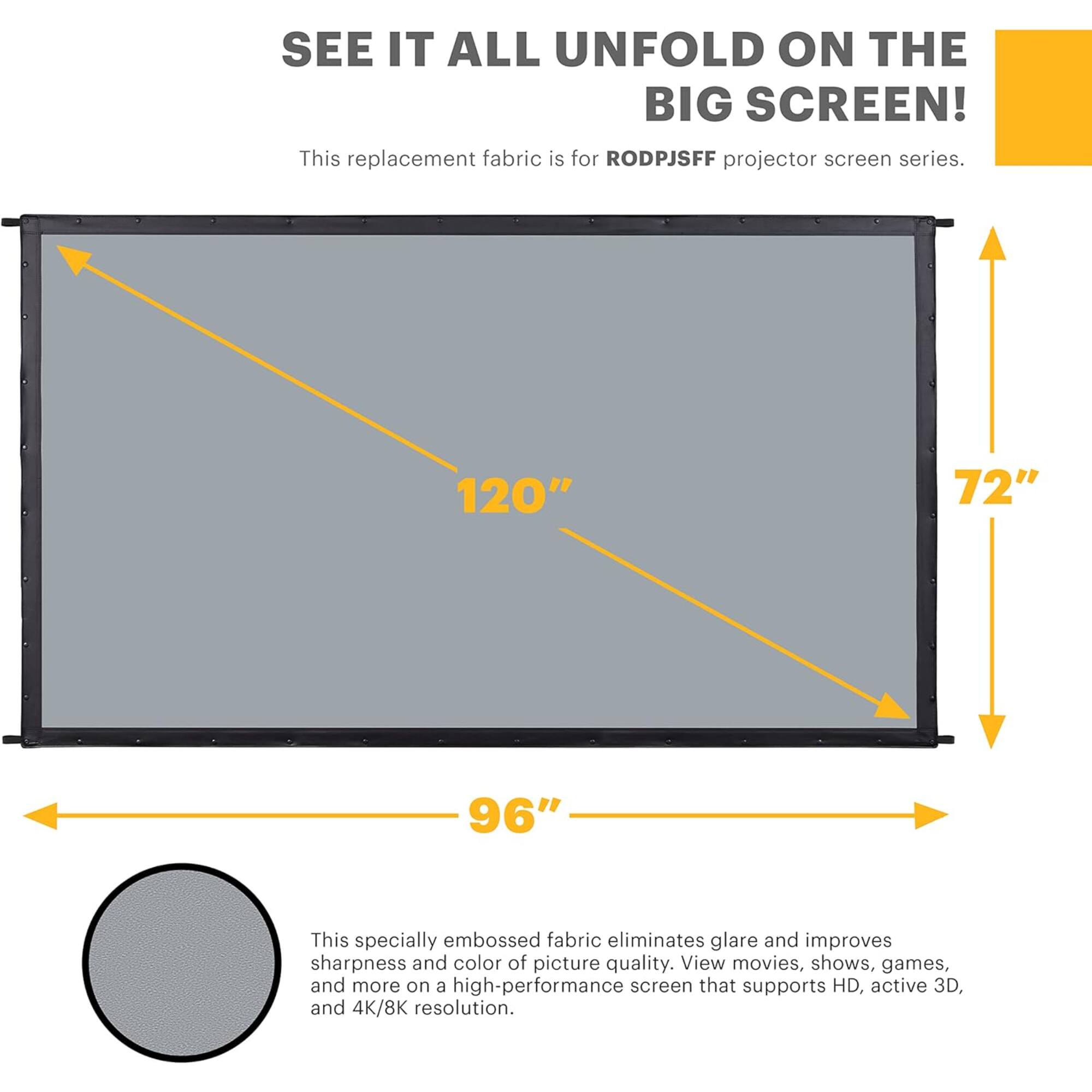 SEE IT ALL UNFOLD ON THE BIG SCREEN! This replacement fabric is for RODPJSFF projector screen series. 120" 72" 96" This specially embossed fabric eliminates glare and improves sharpness and color of picture quality. View movies, shows, games, and more on a high-performance screen that supports HD, active 3D, and 4K/8K resolution.