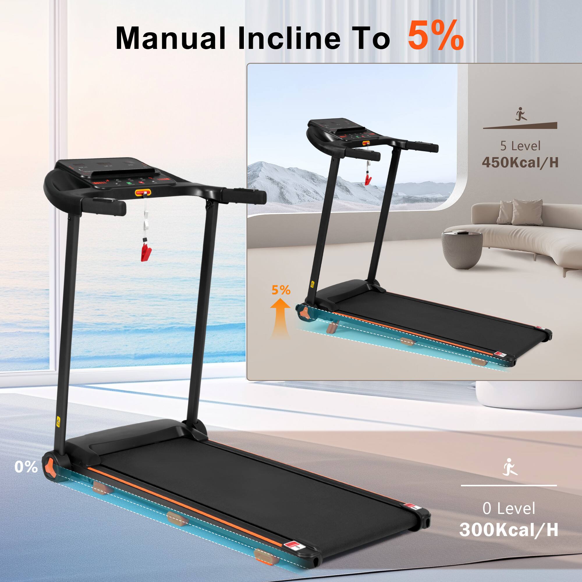 Manual Incline To 5% 5 Level 450Kcal/H 0 Level 300Kcal/H