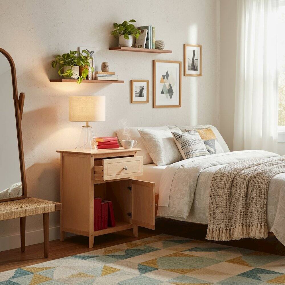 Alt View 3. FurniFact - Natural Accent Table with Drawer and Cabinet - Natural.