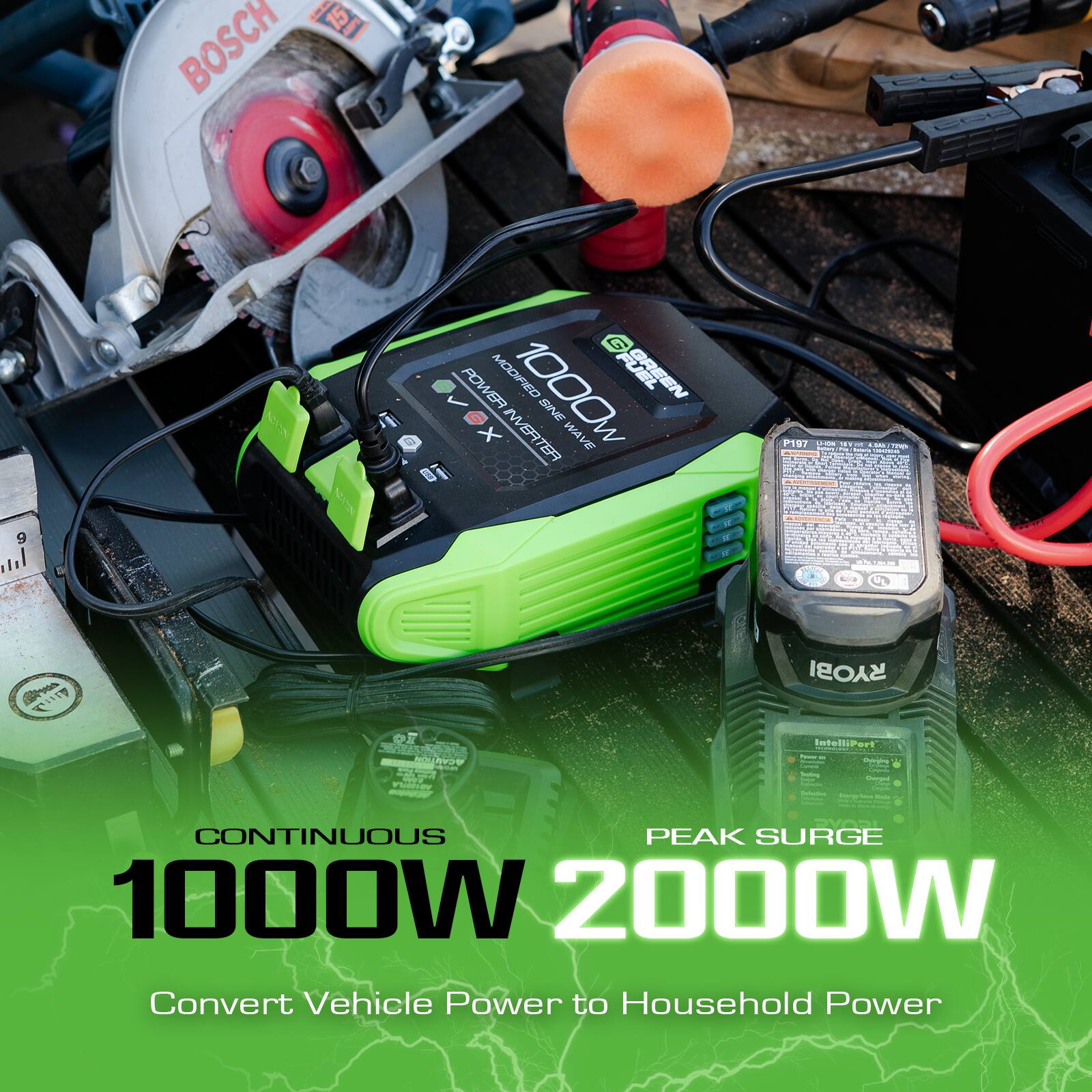 H 2 BOSCH 9 d Eze G POWER MODIFIED FUEL GREEN X INVERTER 1000w SINE DVAIN I P197 1 ... - N RYOBI ntolIPort a rsaia CONTINUOUS PEAK SURGE 1000W 2000W Convert Vehicle Power to Household Power