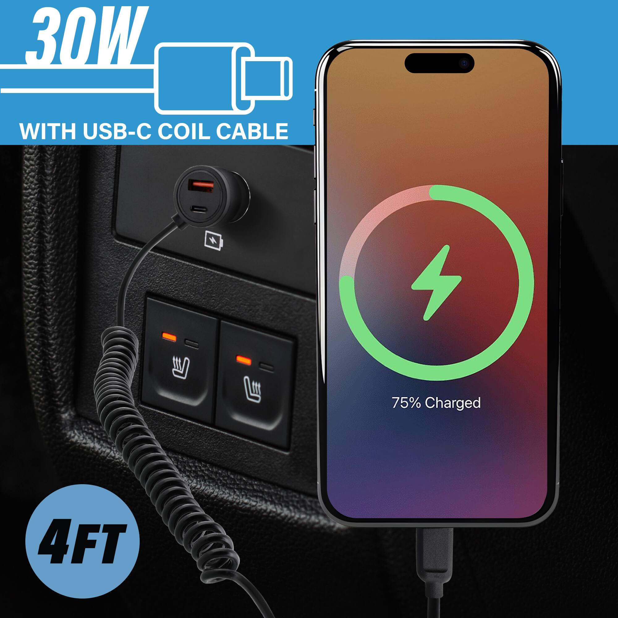30W WITH USB-C COIL CABLE  
75% Charged  
4FT