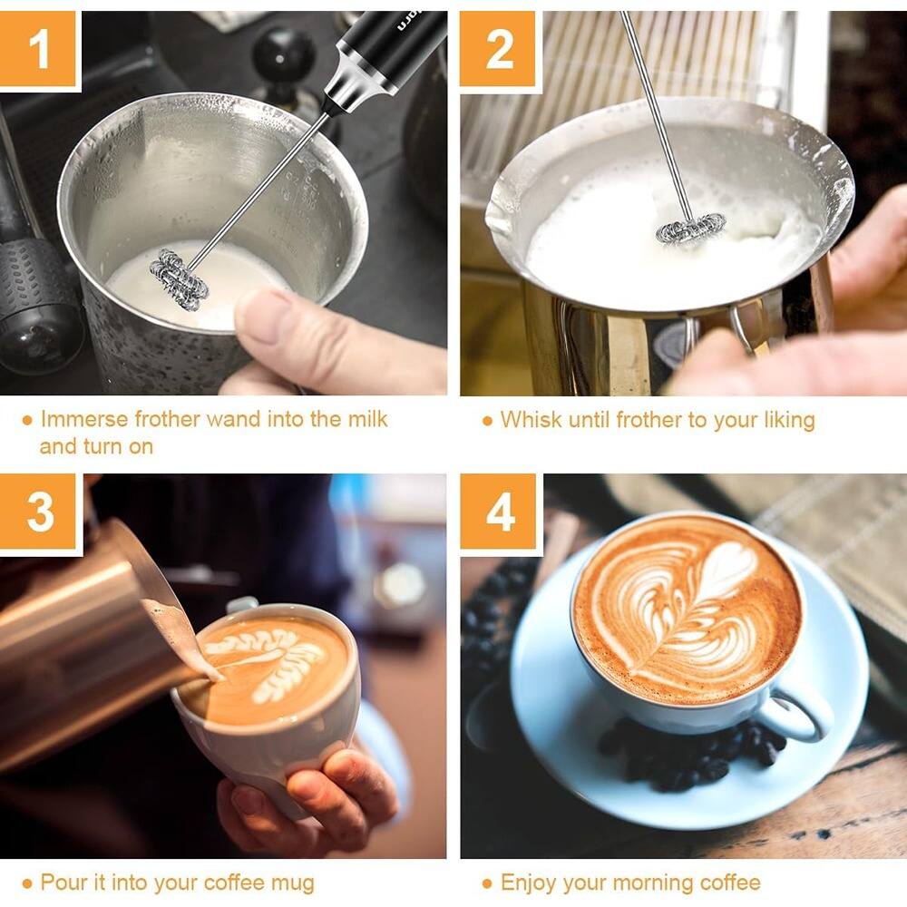 1. Immerse frother wand into the milk and turn on  
2. Whisk until frother to your liking  
3. Pour it into your coffee mug  
4. Enjoy your morning coffee