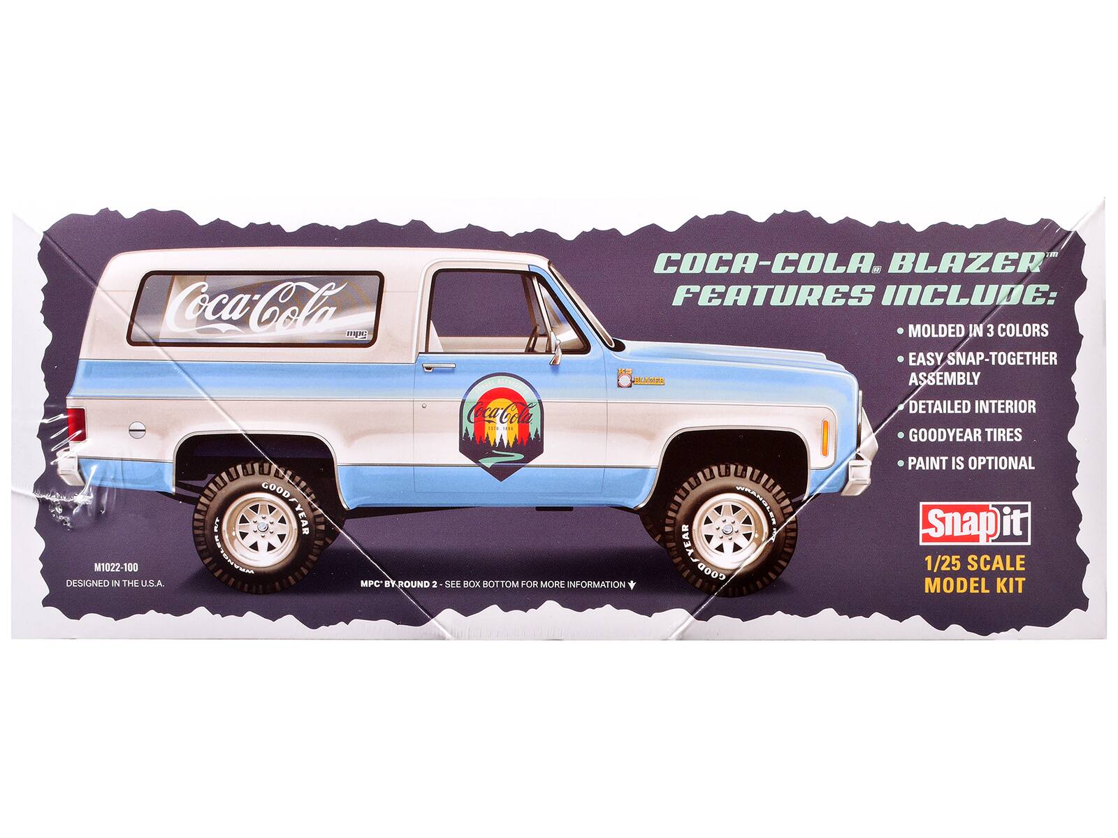 COCA-COLA BLAZER FEATURES INCLUDE:  
- Coca-Cola MOLDED IN 3 COLORS  
- EASY SNAP-TOGETHER BLAZER ASSEMBLY  
- DETAILED INTERIOR  
- GOODYEAR TIRES  
- PAINT IS OPTIONAL  

1/25 SCALE MODEL KIT  
M1022-100  
DESIGNED IN THE U.S.A.  

Snapit  
1/25 SCALE MODEL KIT  

SEE BOX BOTTOM FOR MORE INFORMATION