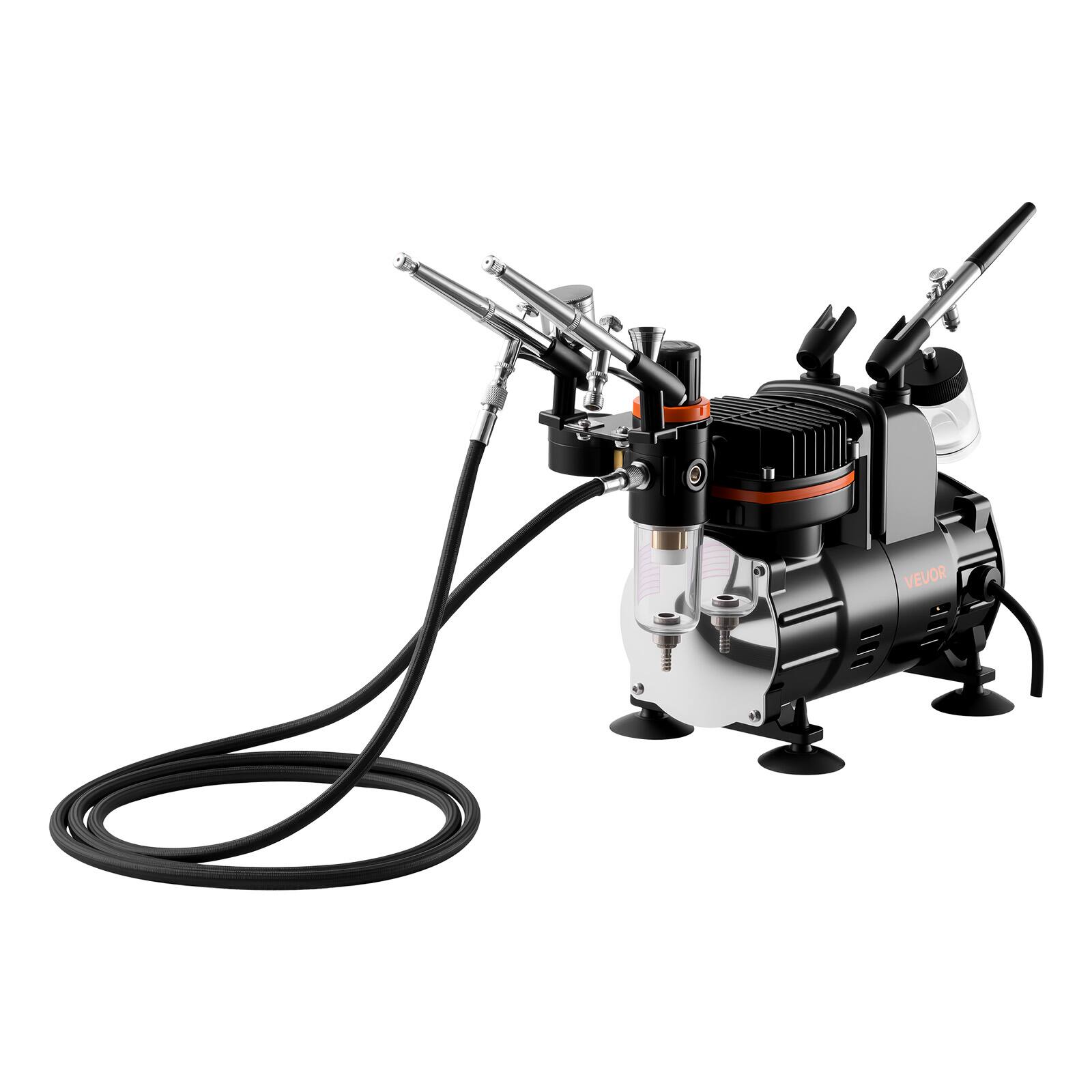 Alt View 5. VEVOR - Airbrush Kit, 1/6 HP, Air Brush Kit with Air Compressor, 3 Dual-Action Professional Airbrushes with 3 Tips - Black.