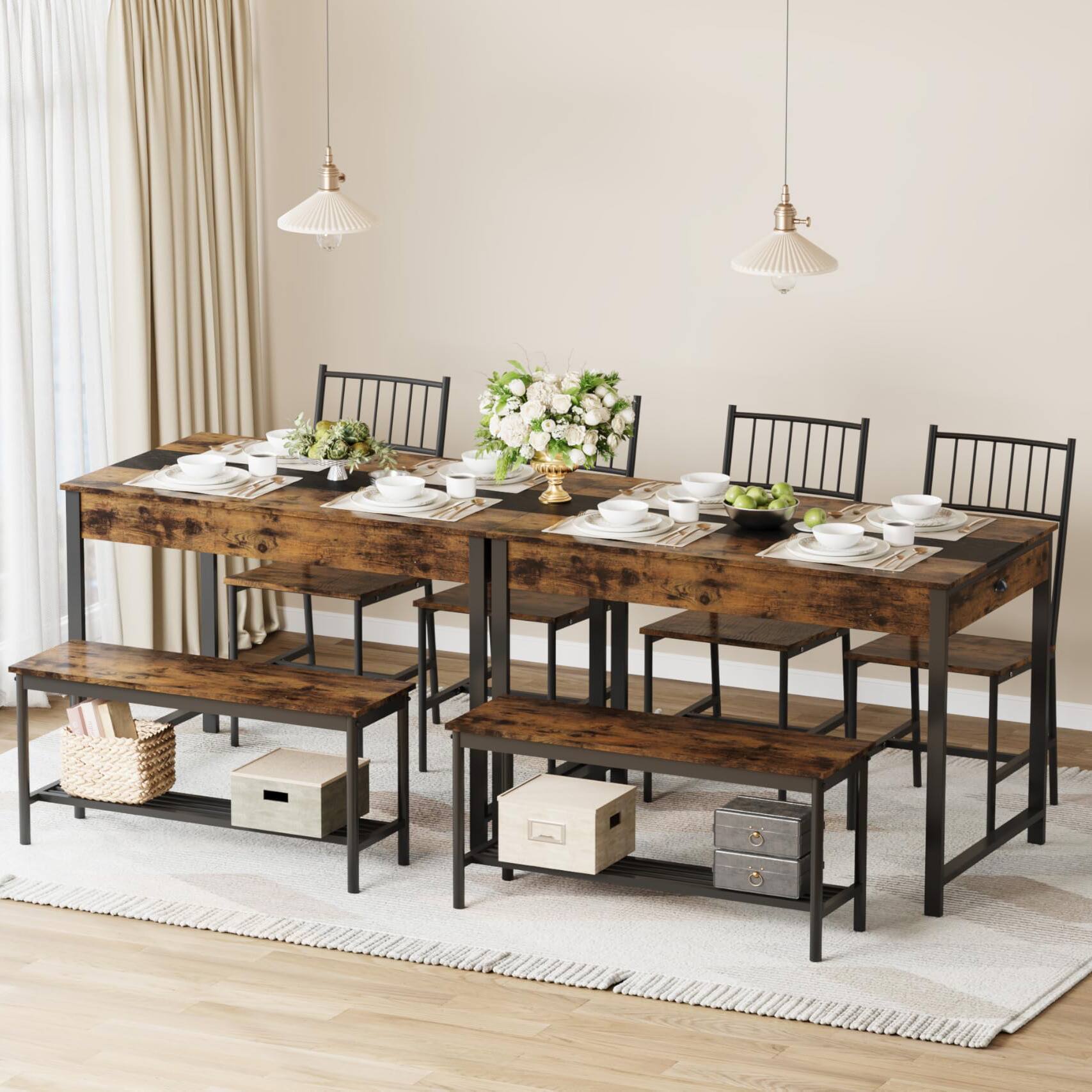 Back. Homhougo - Dining Table Set for 4, Small Kitchen Table and 2 Chairs for 4 with Bench - Brown.