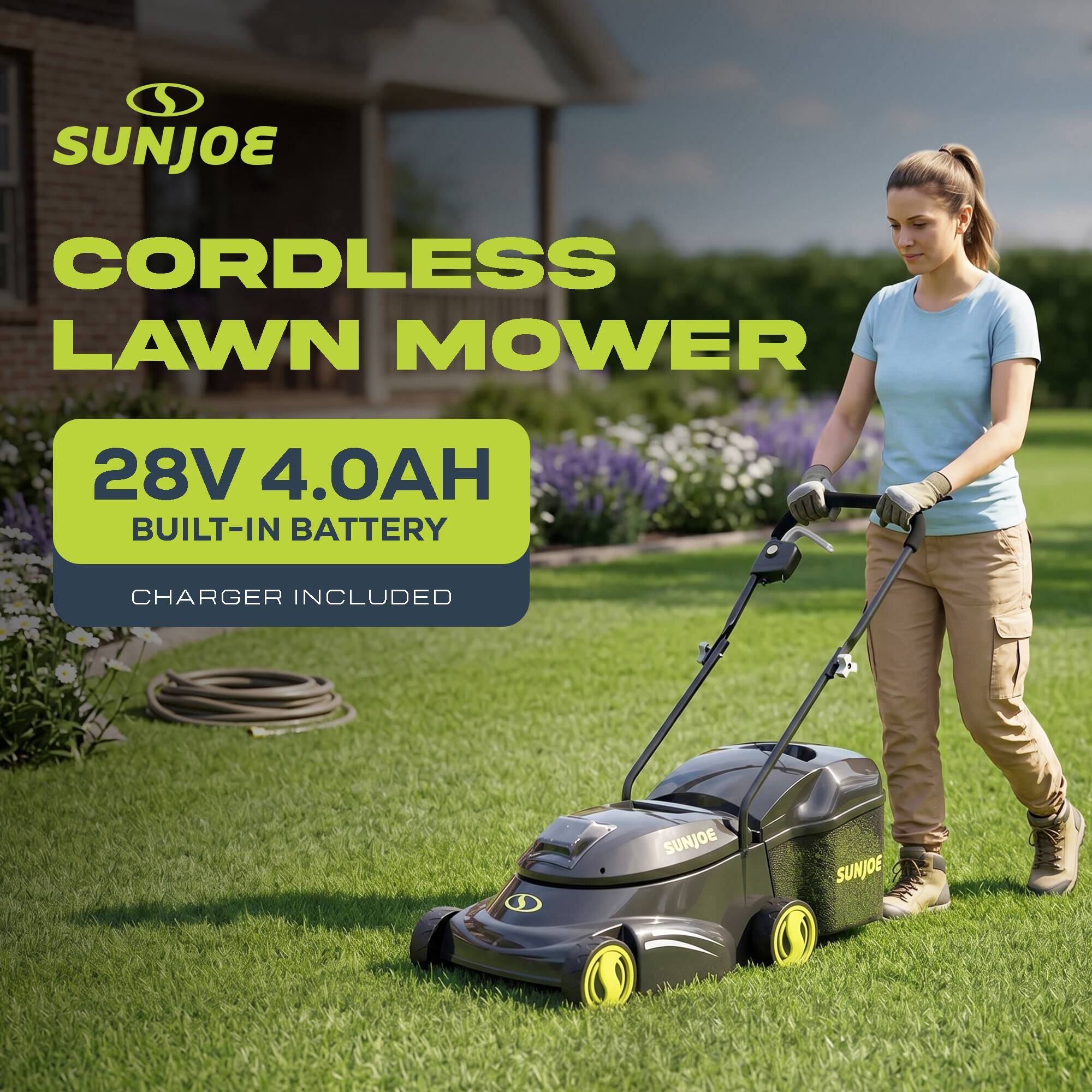 SUNJOE CORDLESS LAWN MOWER 28V 4.0AH BUILT-IN BATTERY CHARGER INCLUDED