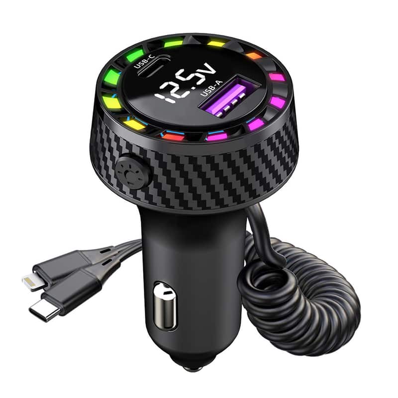 Skanty Furniture - Retractable Fast Charger, USB A/C/Lightning Connector, Cigarette Lighter Adapter with Breath Light for iPhone/Android