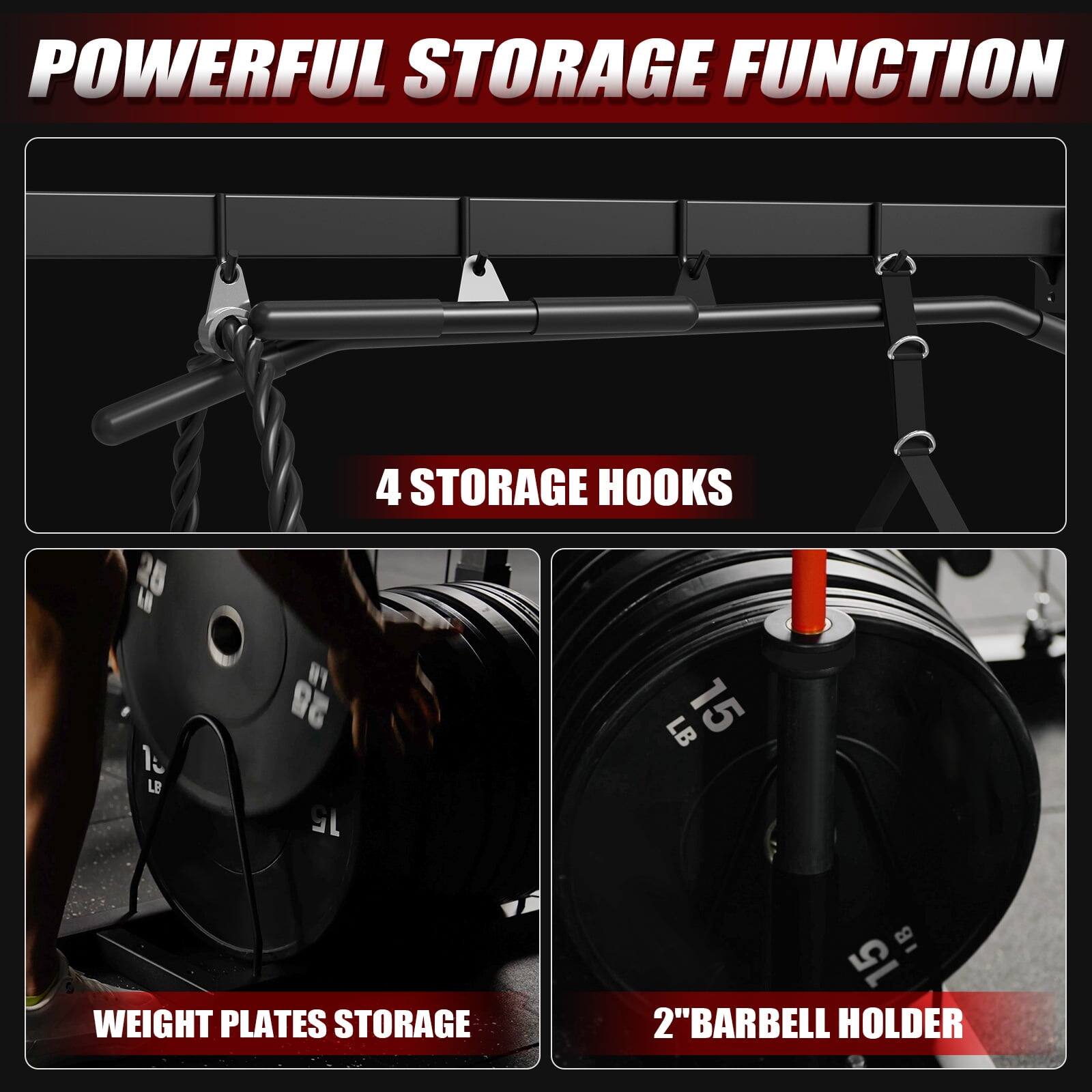 POWERFUL STORAGE FUNCTION 4 STORAGE HOOKS WEIGHT PLATES STORAGE 2"BARBELL HOLDER