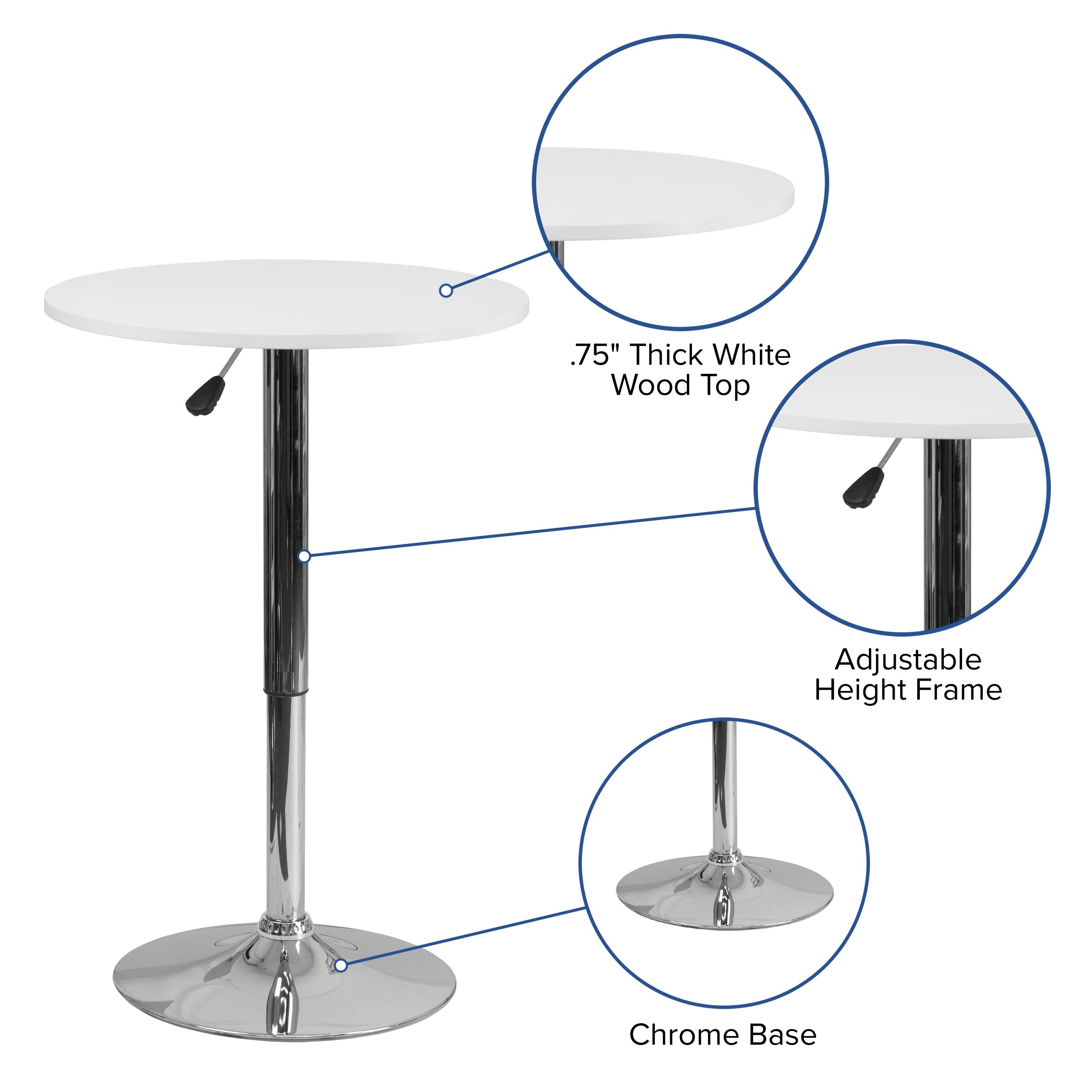 .75" Thick White Wood Top  
Adjustable Height Frame  
Chrome Base