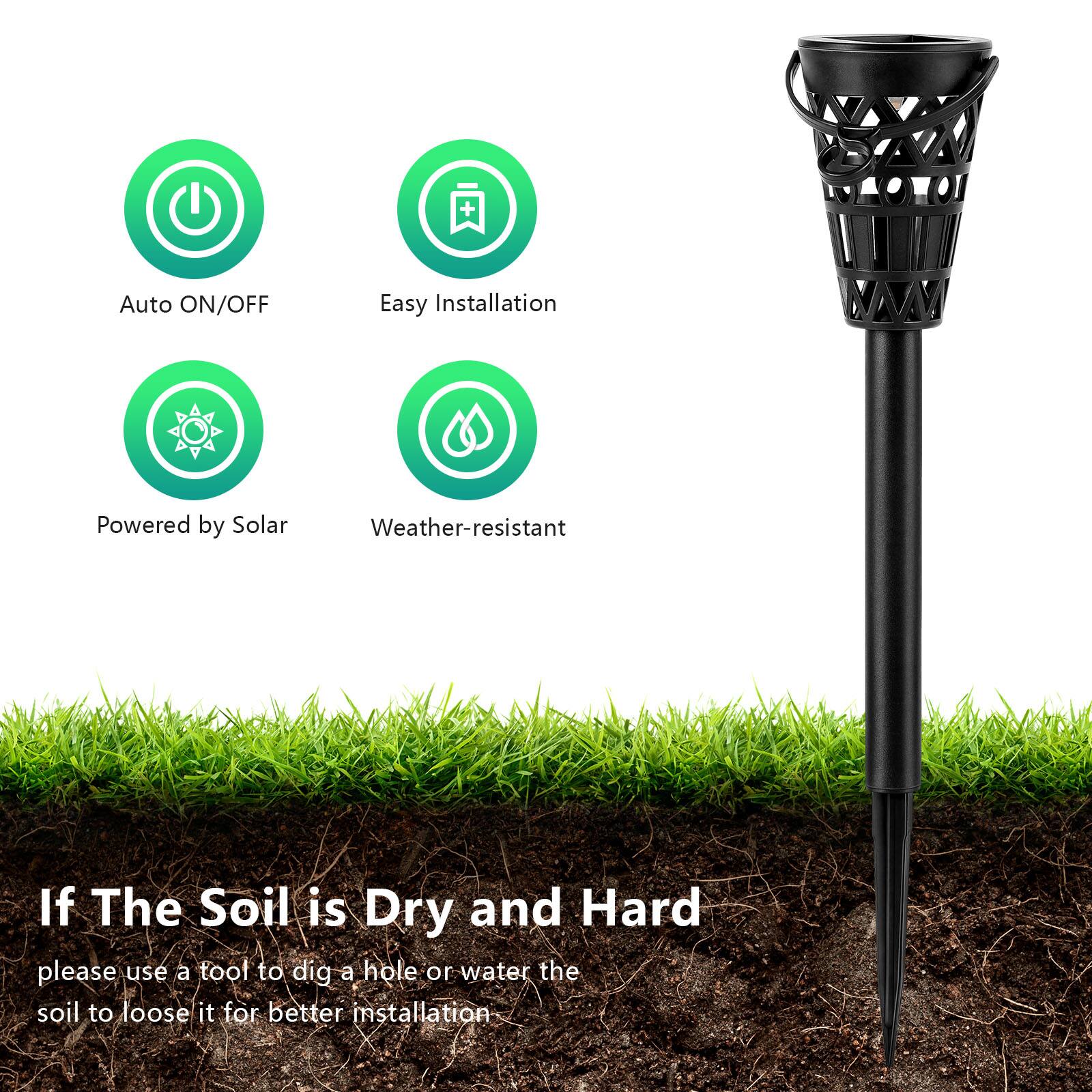 Auto ON/OFF  
Easy Installation  
Powered by Solar  
Weather-resistant  

If The Soil is Dry and Hard  
please use a tool to dig a hole or water the soil to loosen it for better installation