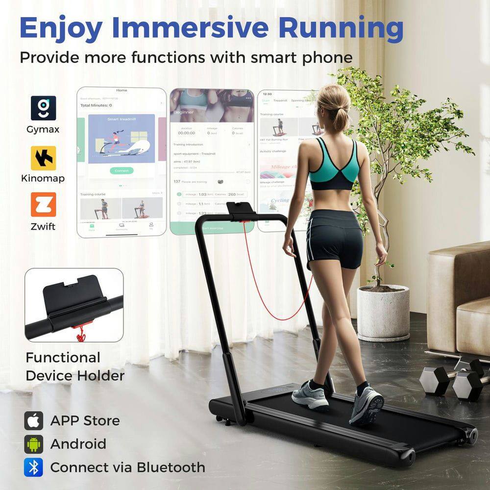 Enjoy Immersive Running  
Provide more functions with smart phone  

Gymax  
Kinomap  
Zwift  

Functional Device Holder  

APP Store  
Android  
Connect via Bluetooth