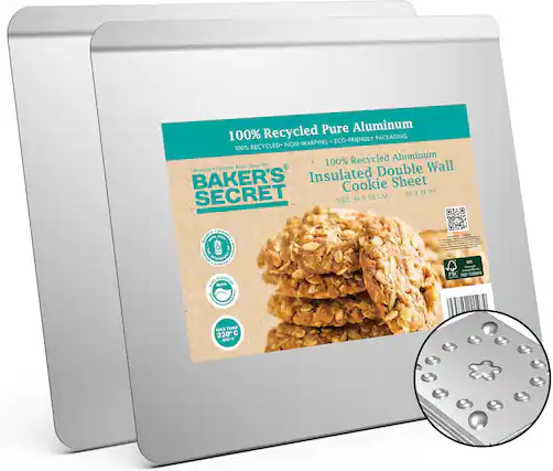 100% Recycled Pure Aluminum
100% Recycled Aluminum
Insulated Double Wall Cookie Sheet
SIZE: 41 X 36 CM
16 X 14 IN
BAKER'S SECRET
America's Favorite Brand Since 1972
100% Recycled - Non-Warping - Eco-Friendly Packaging
MAX TEMP 230°C / 450°F
FSC Certified
MAX TEMP 230°C / 450°F
