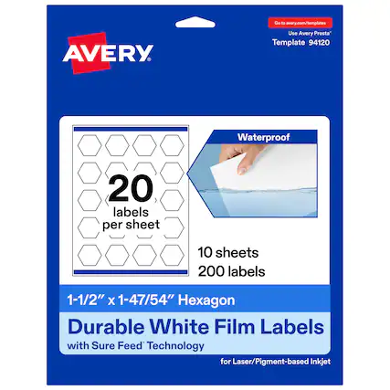 Go to avery.com/templates
Use Avery Presta™ Template 94120
Waterproof
20 labels per sheet
10 sheets
200 labels
1-1/2" x 1-47/54" Hexagon
Durable White Film Labels with Sure Feed™ Technology for Laser/Pigment-based Inkjet