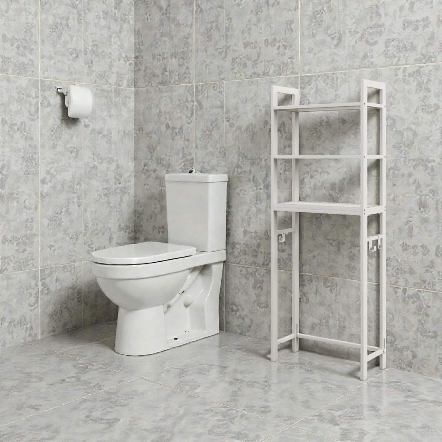 Hivvago - Space-Saving Over-Toilet Metal Bathroom Shelf with Hooks Organizer - White