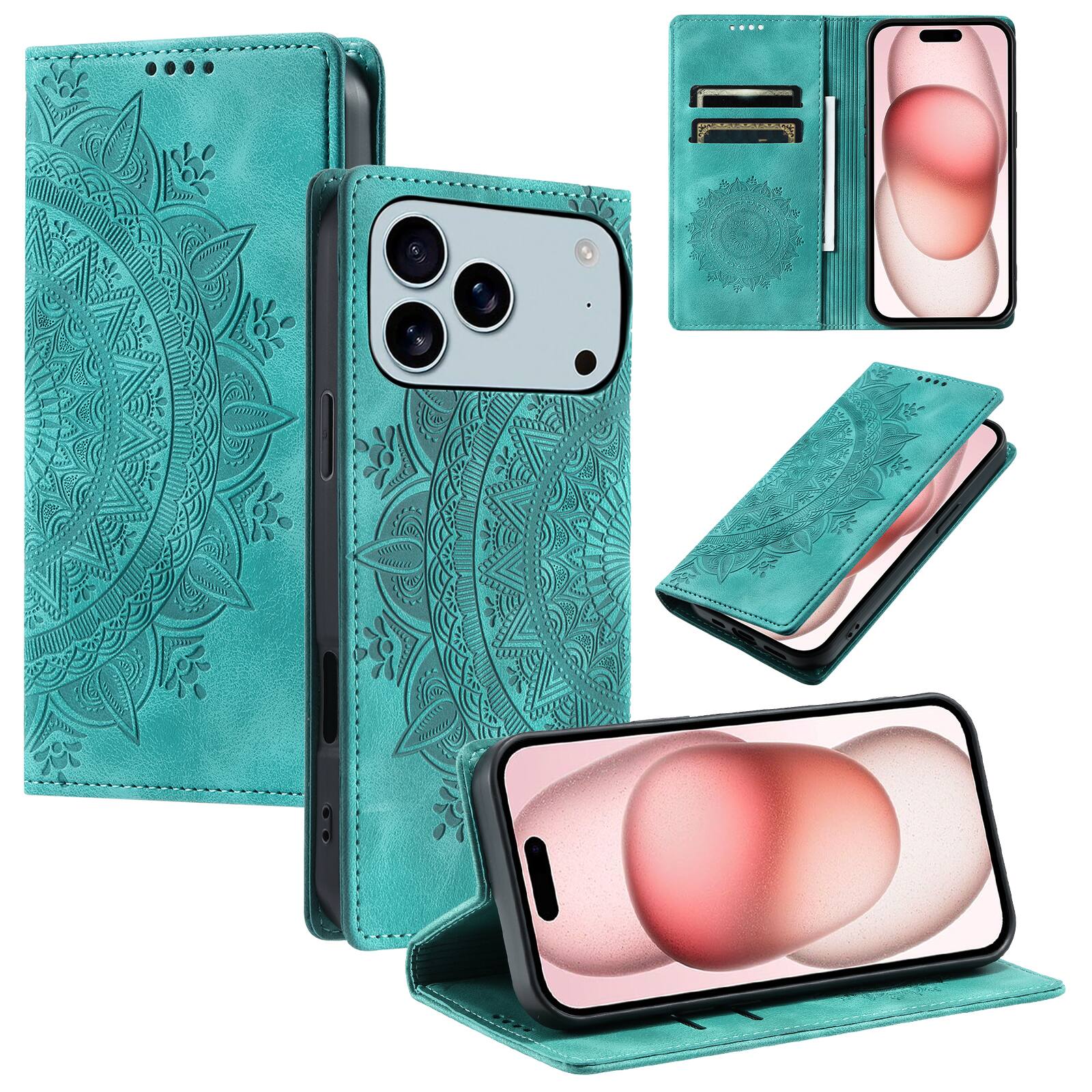 Front. Dteck - Magnetic Wallet Case For iPhone 18 Pro, Shockproof Embossed Card Cash Pocket Stand PU Leather Cover - Green.