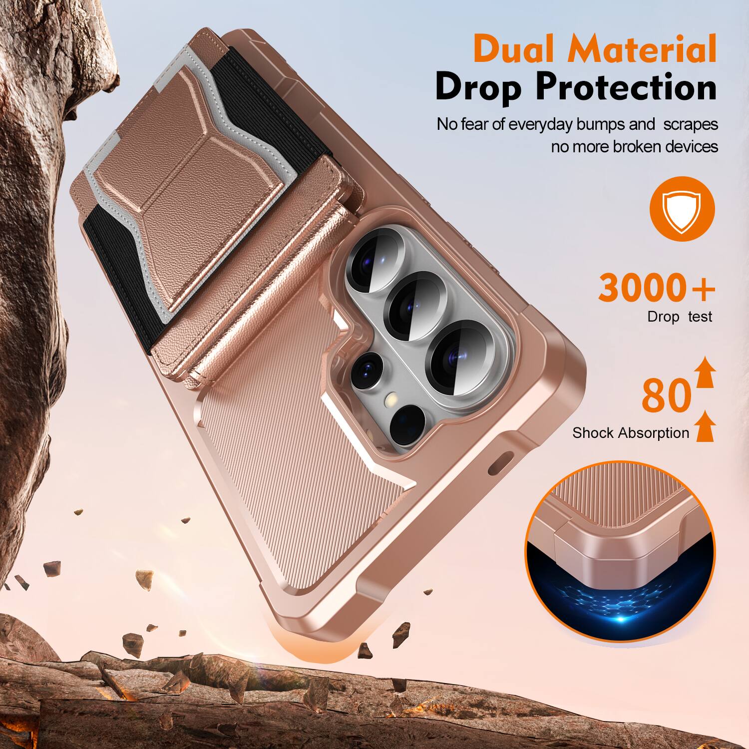 Dual Material Drop Protection  
No fear of everyday bumps and scrapes, no more broken devices  

3000+ Drop test  
80 Shock Absorption