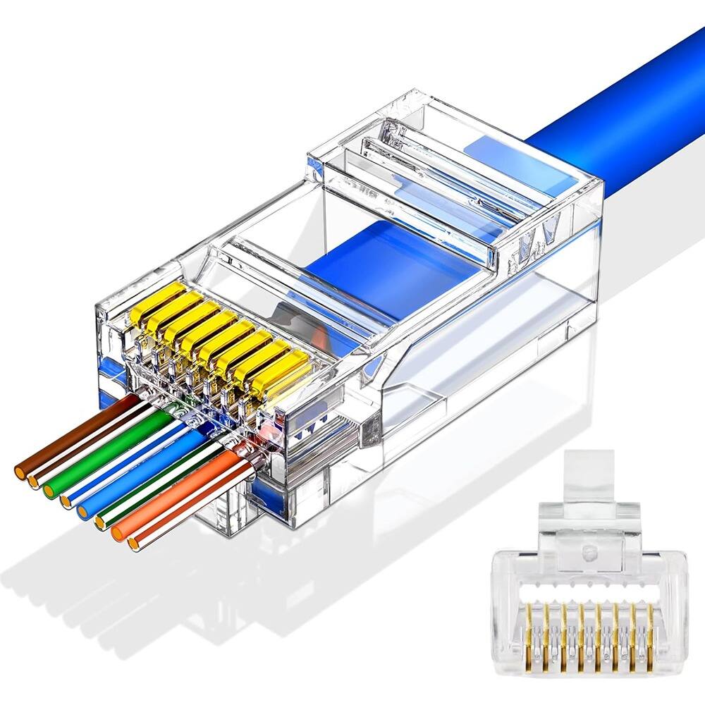 Front. ACJPR - Cat6 RJ45 Pass Through Connectors, UTP Modular Plugs, 200-Pack.
