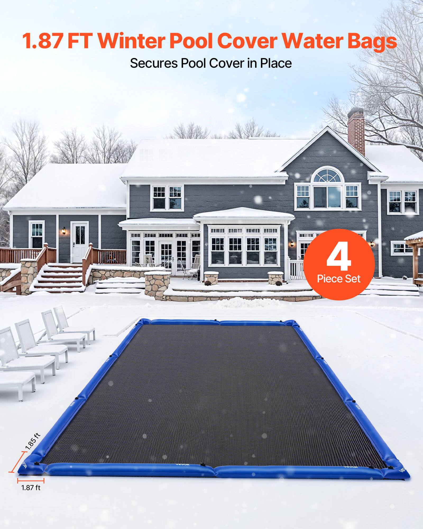 1.87 FT Winter Pool Cover Water Bags  
Secures Pool Cover in Place  

4 Piece Set  

1.85 ft  
1.87 ft