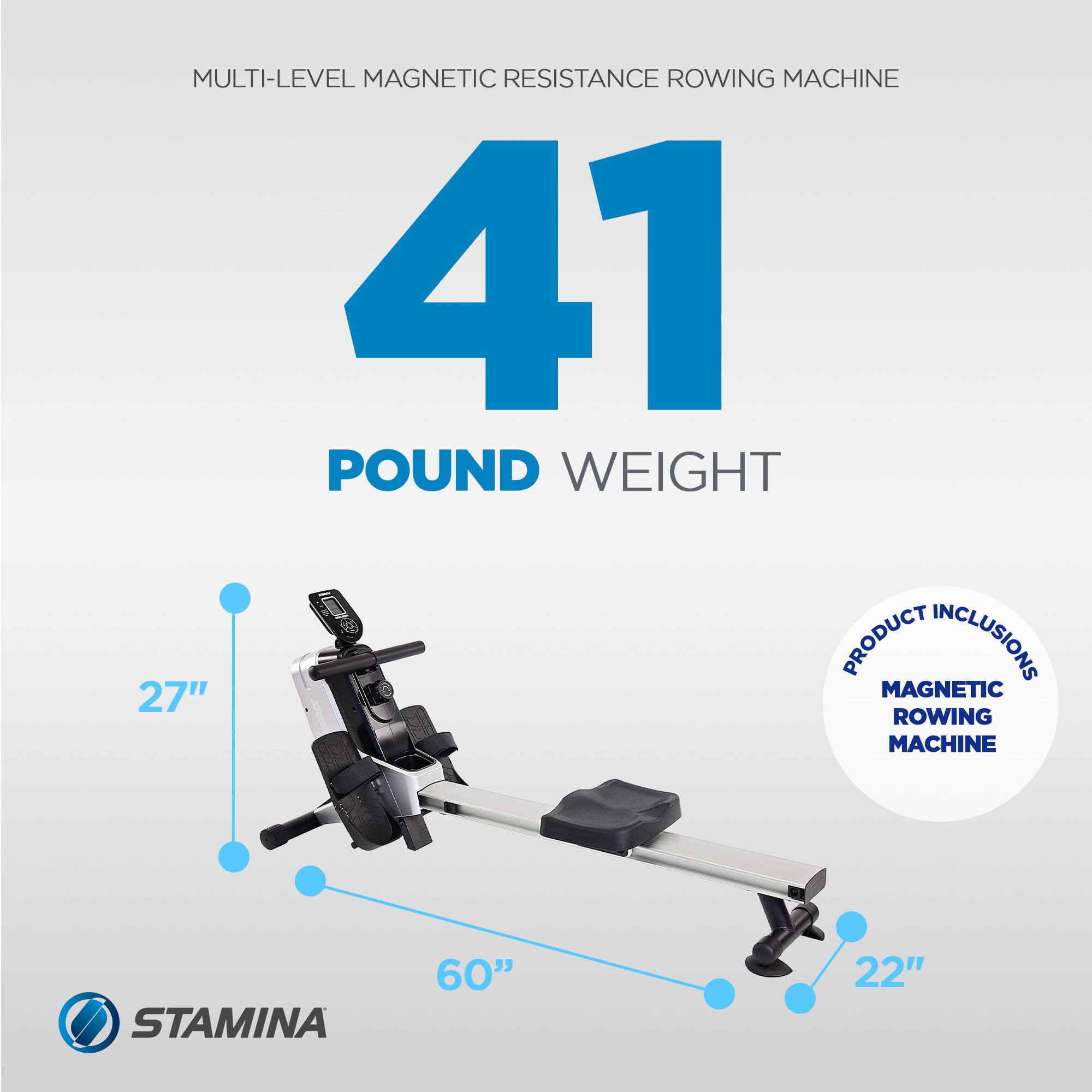 MULTI-LEVEL MAGNETIC RESISTANCE ROWING MACHINE  
41 POUND WEIGHT  
PRODUCT INCLUSIONS  
27" MAGNETIC ROWING MACHINE  
STAMINA  
60"  
22"
