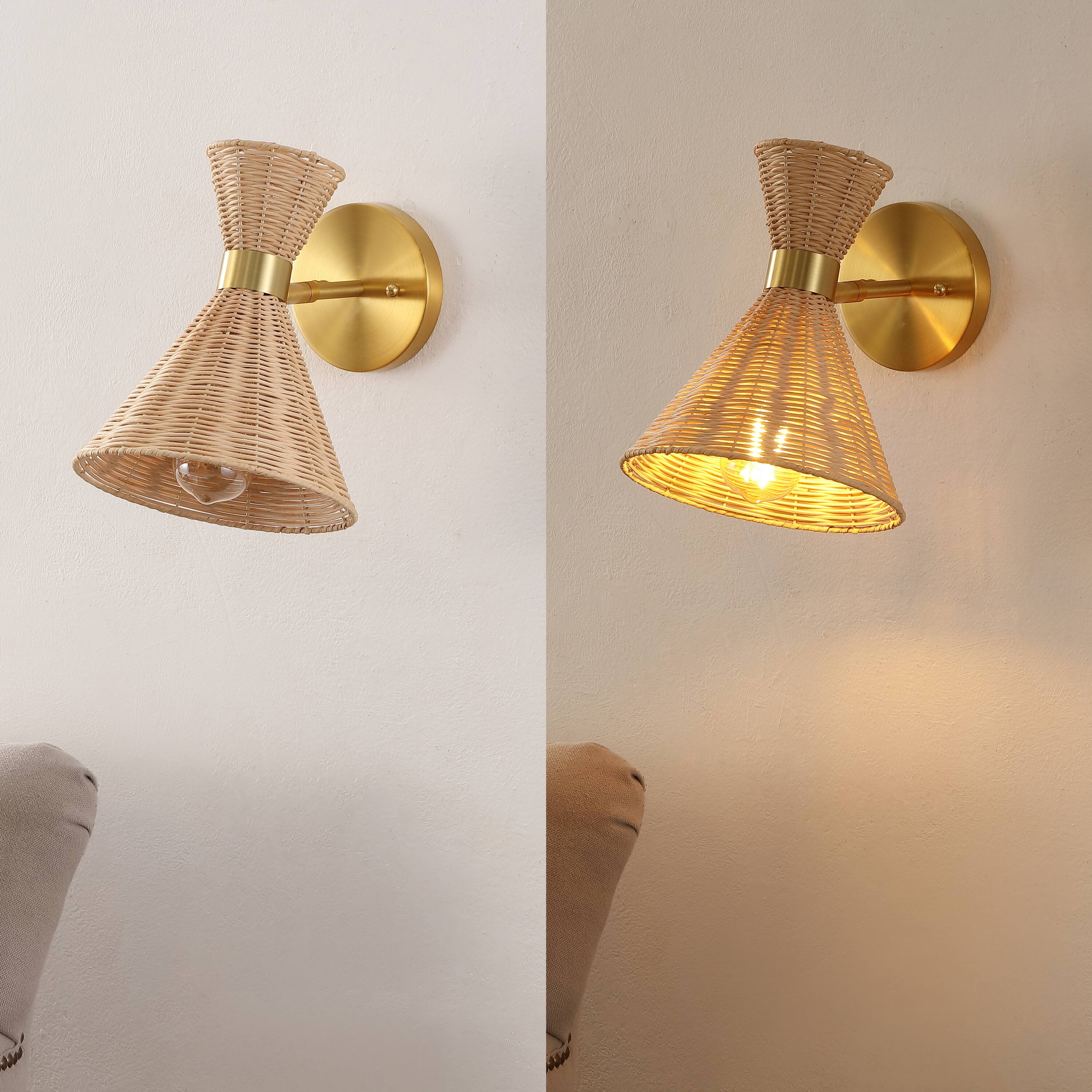 Alt View 4. Jonathan Y - Zoey 10" 1-Light Mid-Century Vintage Retro Rattan/Metal LED Sconce with Adjustable Shade, Light Brown/Brass Gold - Brass Gold/Light Brown.