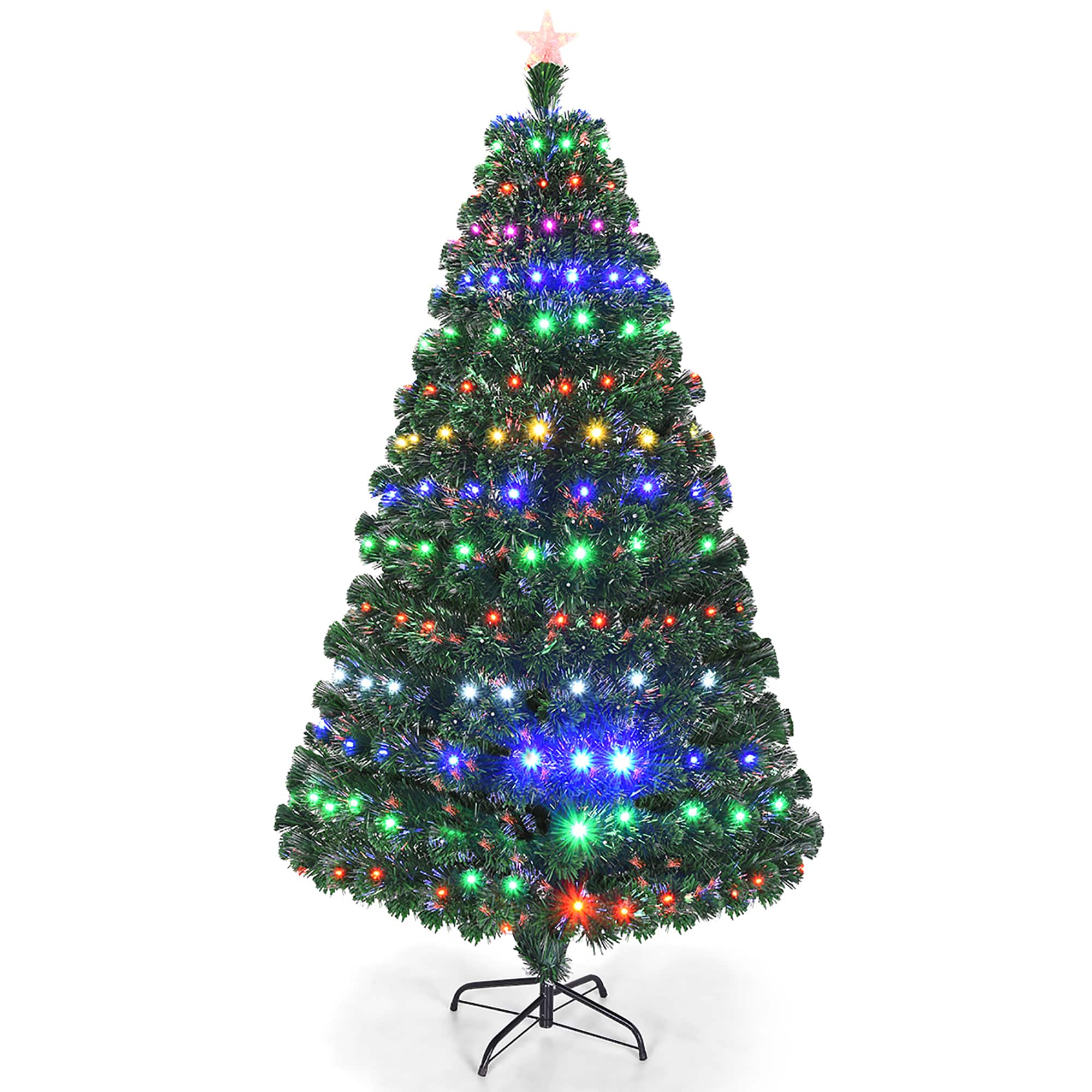Costway - 7'Pre-Lit Christmas Tree Fiber Optic Multicolor LED Lights - Green