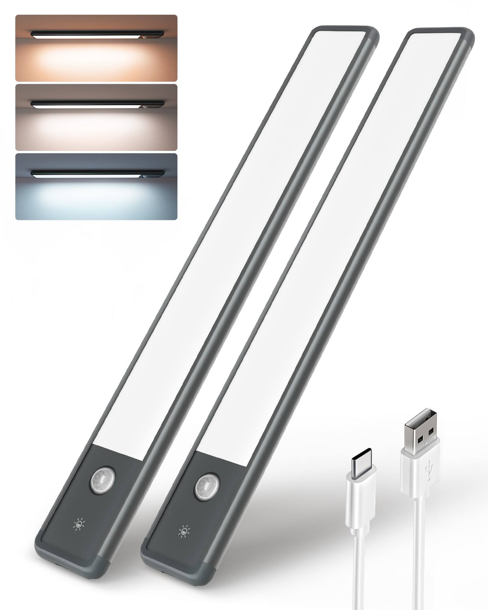 Front. EZVALO - Under Cabinet Lighting Wireless Motion Sensor-3 Color Temps-2 Pack-30 cm-Grey - White.