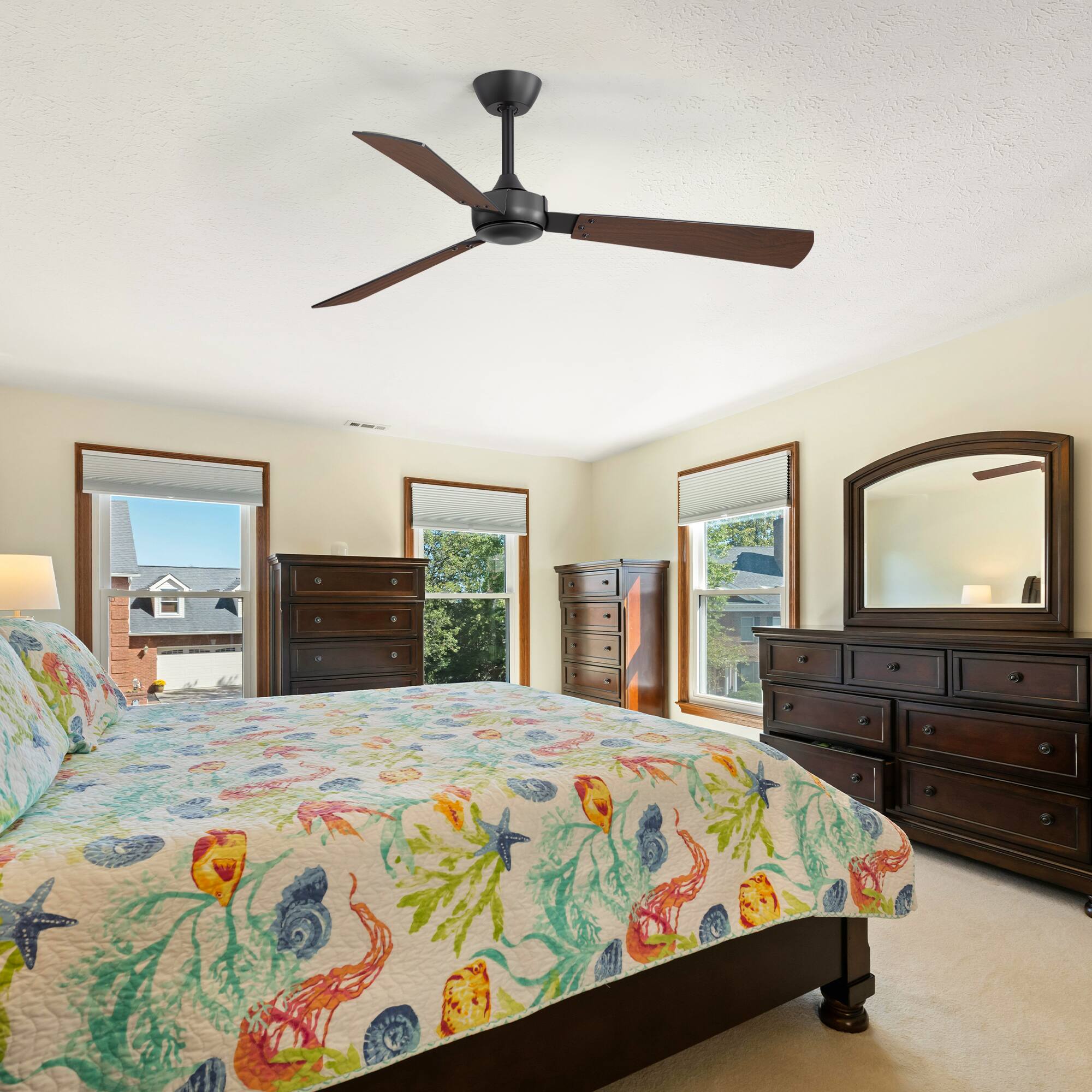 Back. Breezary - 52-Inch Indoor Modern No-Light Ceiling Fan, DC Motor, 6-Speed Remote Control, 3 Blades, 4"/8" Downrods, Single or 2 Pack - Black and Woodgrain-Single.