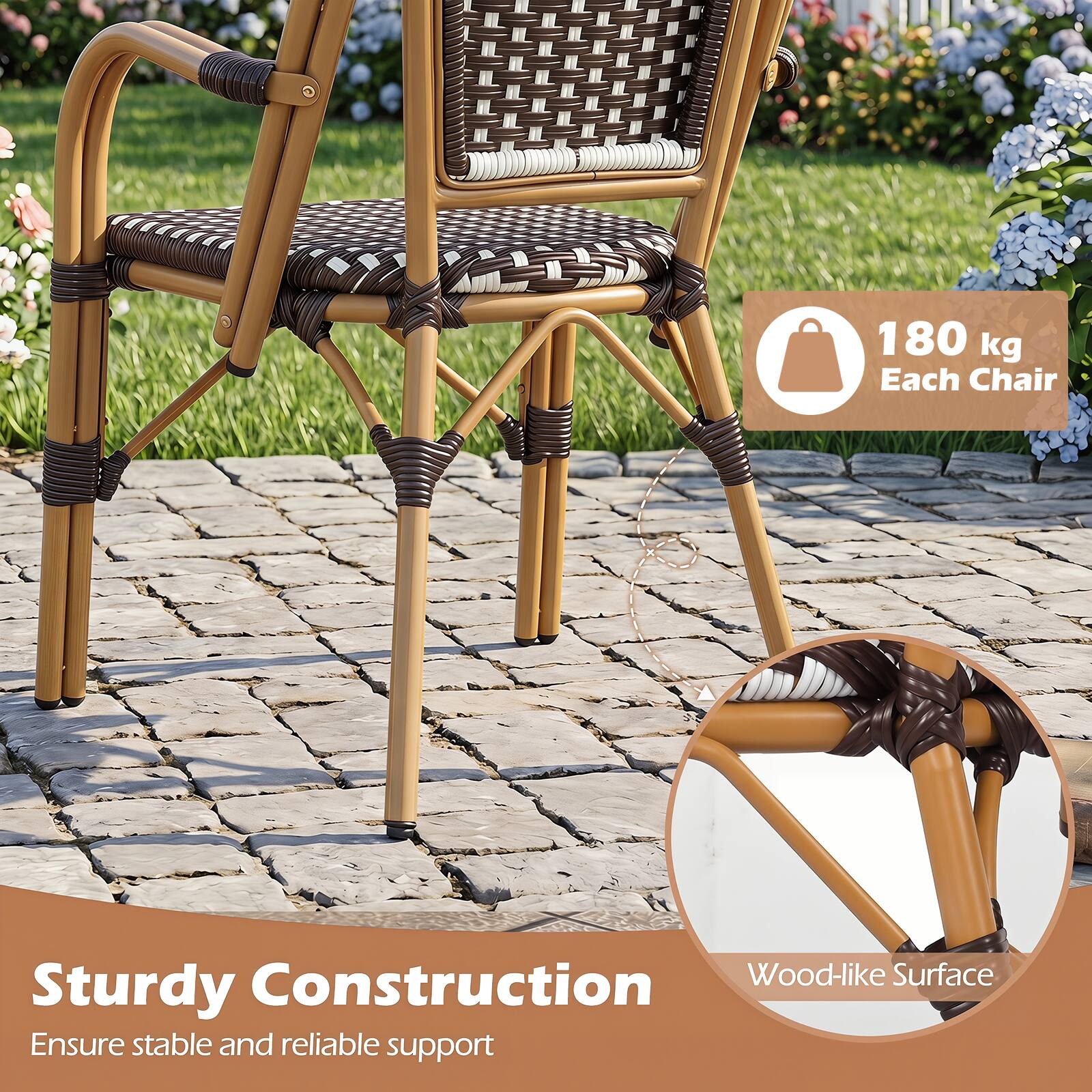 180 kg Each Chair

Sturdy Construction
Ensure stable and reliable support

Wood-like Surface