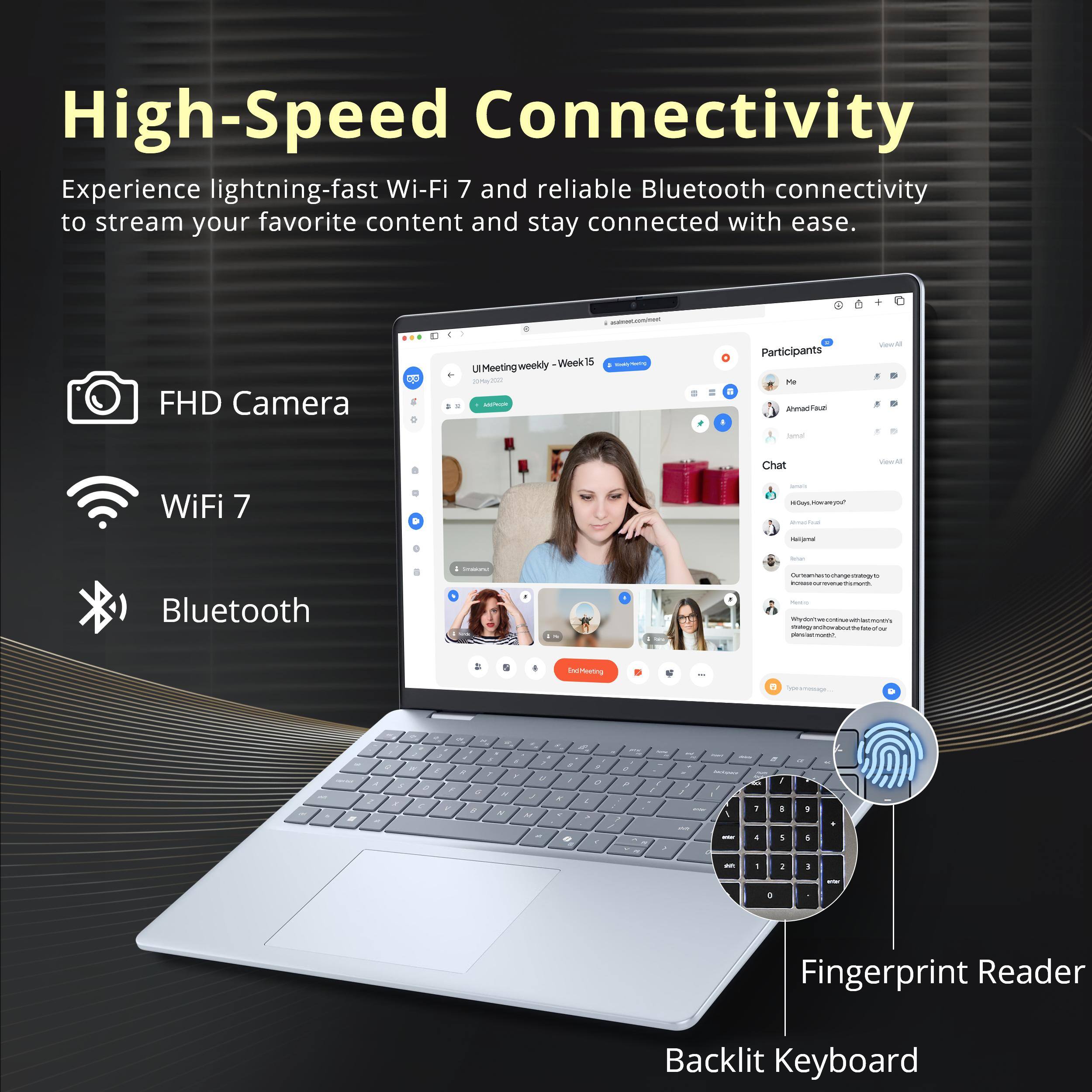 High-Speed Connectivity

Experience lightning-fast Wi-Fi 7 and reliable Bluetooth connectivity to stream your favorite content and stay connected with ease.

- FHD Camera
- Wi-Fi 7
- Bluetooth
- Fingerprint Reader
- Backlit Keyboard