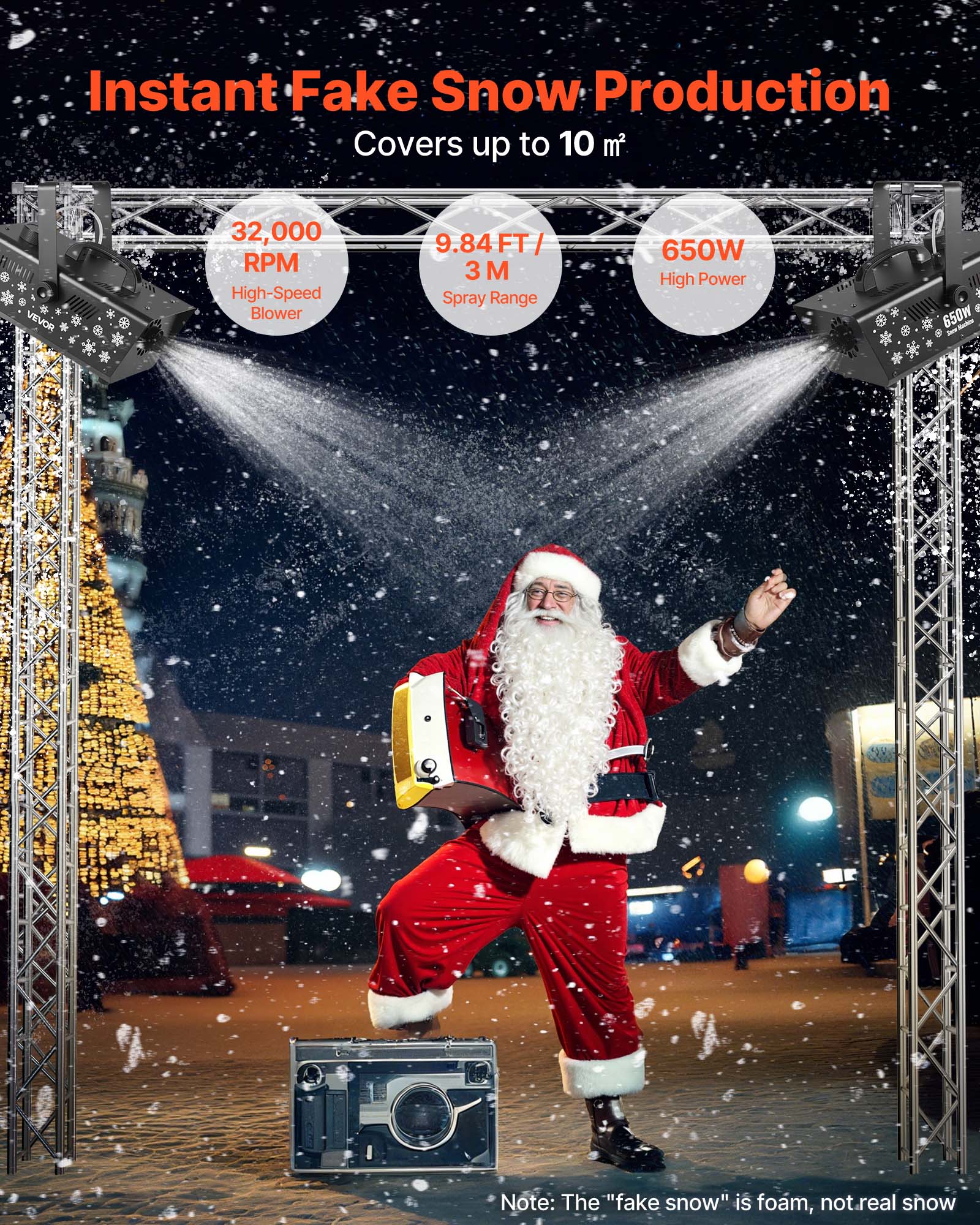 Instant Fake Snow Production  
Covers up to 10 m²  
32,000 RPM High-Speed Blower  
9.84FT / 3M Spray Range  
650W High Power  

Note: The "fake snow" is foam, not real snow