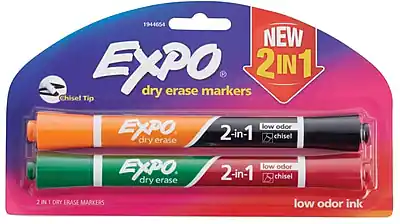 1944654 NEW EXPO dry erase markers
2 IN 1
Chisel Tip
low odor ink
2-in-1 chisel
2 IN 1 DRY ERASE MARKERS