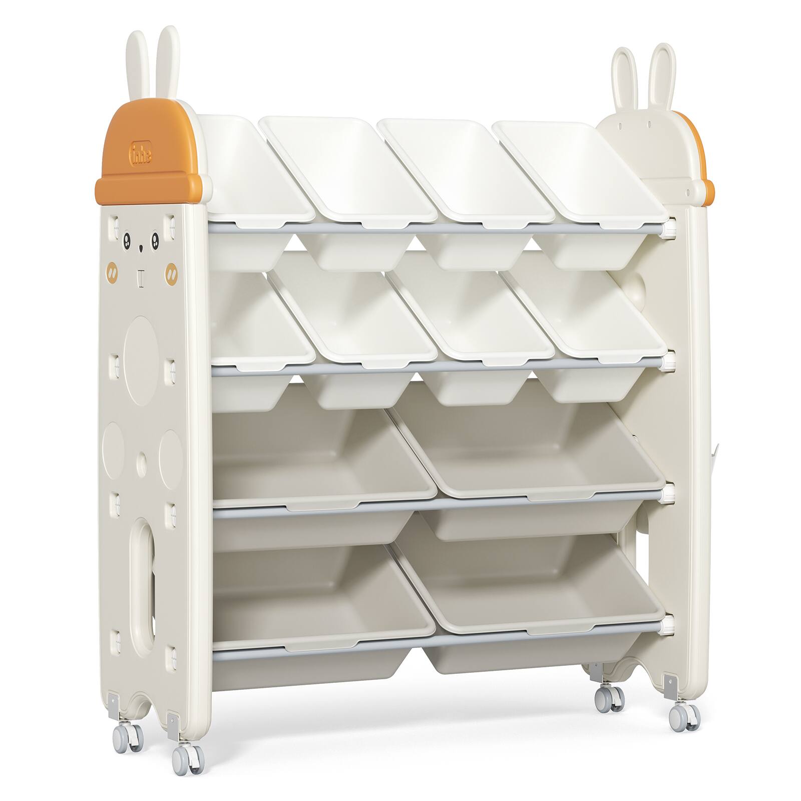 Front. Sugift - 2-in-1 Kids Bookshelf & BPA-Free Toy Organizer with Removable Bins and Wheels - Beige.
