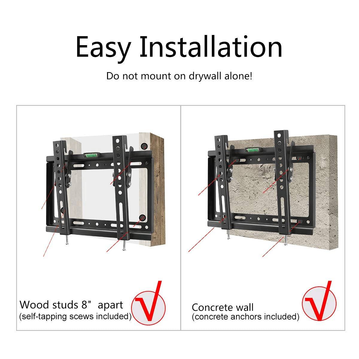 Easy Installation  
Do not mount on drywall alone!  

Wood studs 8" apart (self-tapping screws included)  
Concrete wall (concrete anchors included)
