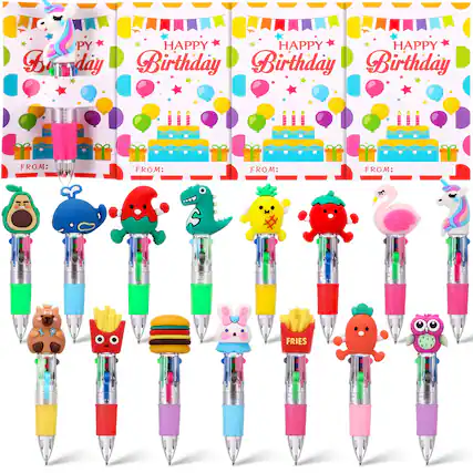 Sure! Here is the corrected and grouped text from the image:
**Birthday Cards:**
- HAPPY Birthday
- FROM:
**Fries:**
- FRIES
**Pen Caps:**
- (No text on the pen caps)