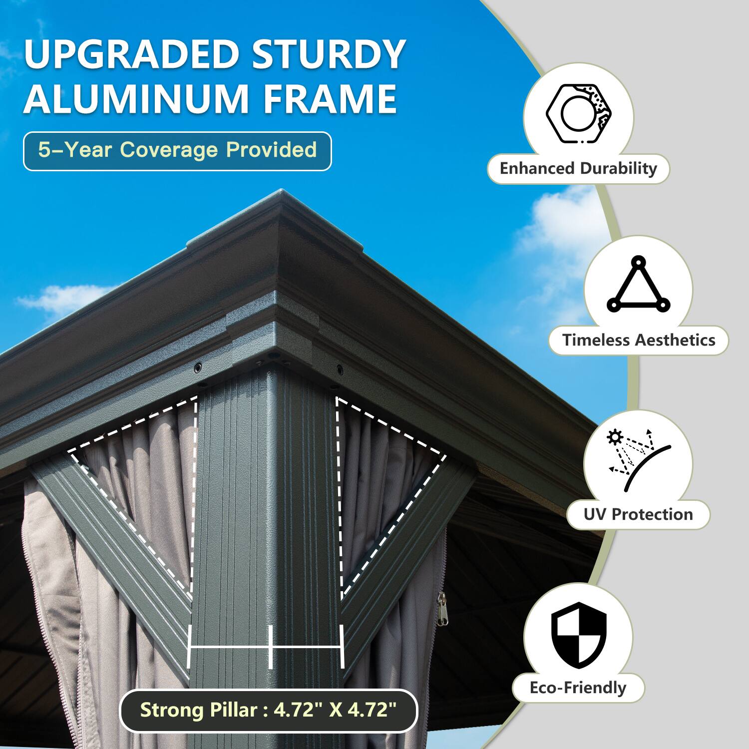 UPGRADED STURDY ALUMINUM FRAME  
5-Year Coverage Provided  

Enhanced Durability  
Timeless Aesthetics  
UV Protection  
Eco-Friendly  

Strong Pillar: 4.72" X 4.72"