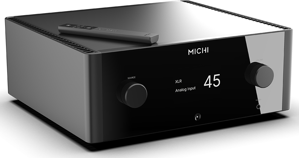 The text on the image reads "Michi Volume Source XLR Input 45 Analog." This text describes the features of the electronic device, which is a stereo amplifier. The device has a volume control, a source selector, an XLR input, and an analog input, all of which are essential for a high-quality audio experience.