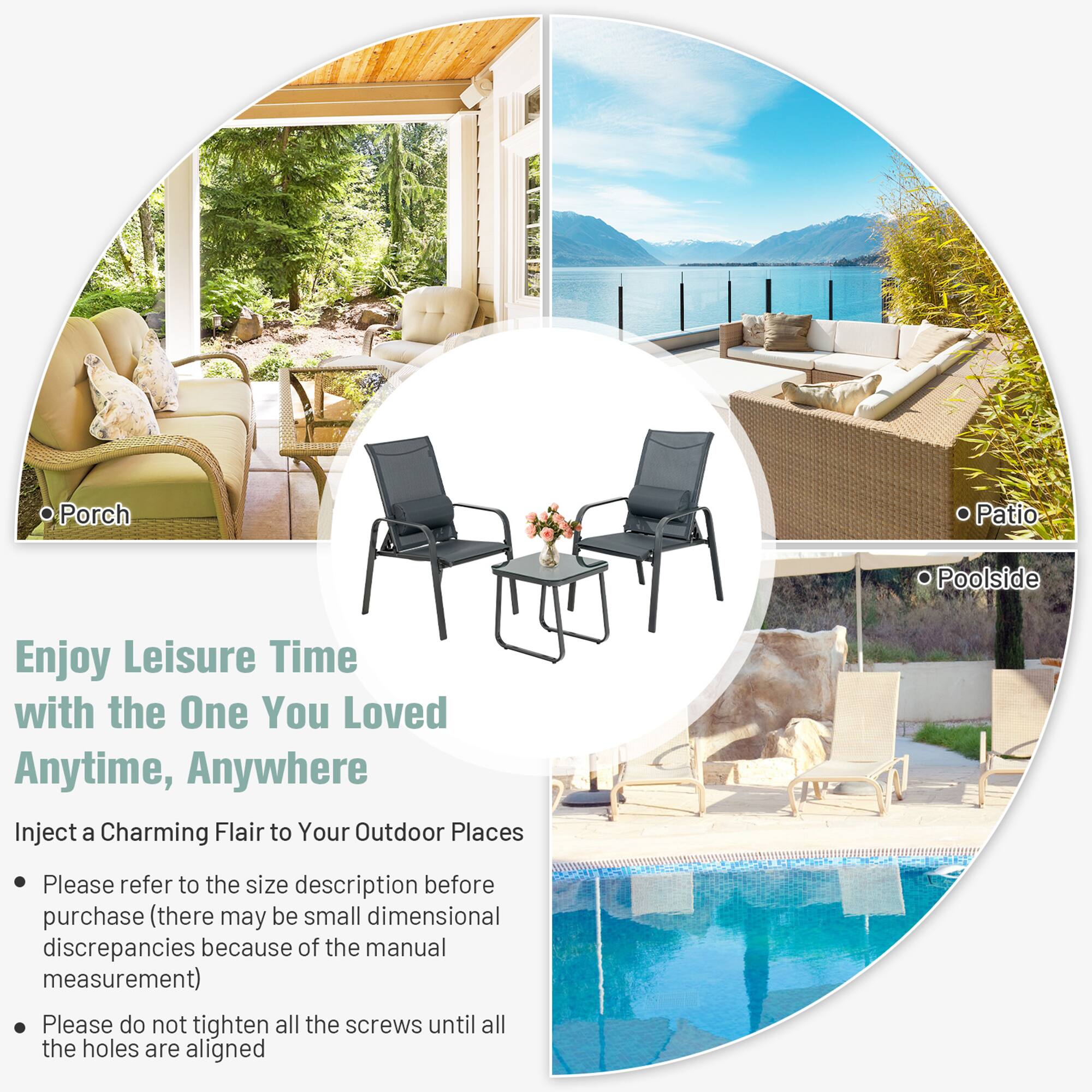 Enjoy Leisure Time with the One You Loved Anytime, Anywhere

Inject a Charming Flair to Your Outdoor Places

Porch
Patio
Poolside

Please refer to the size description before purchase (there may be small dimensional discrepancies because of the manual measurement)
Please do not tighten all the screws until all the holes are aligned