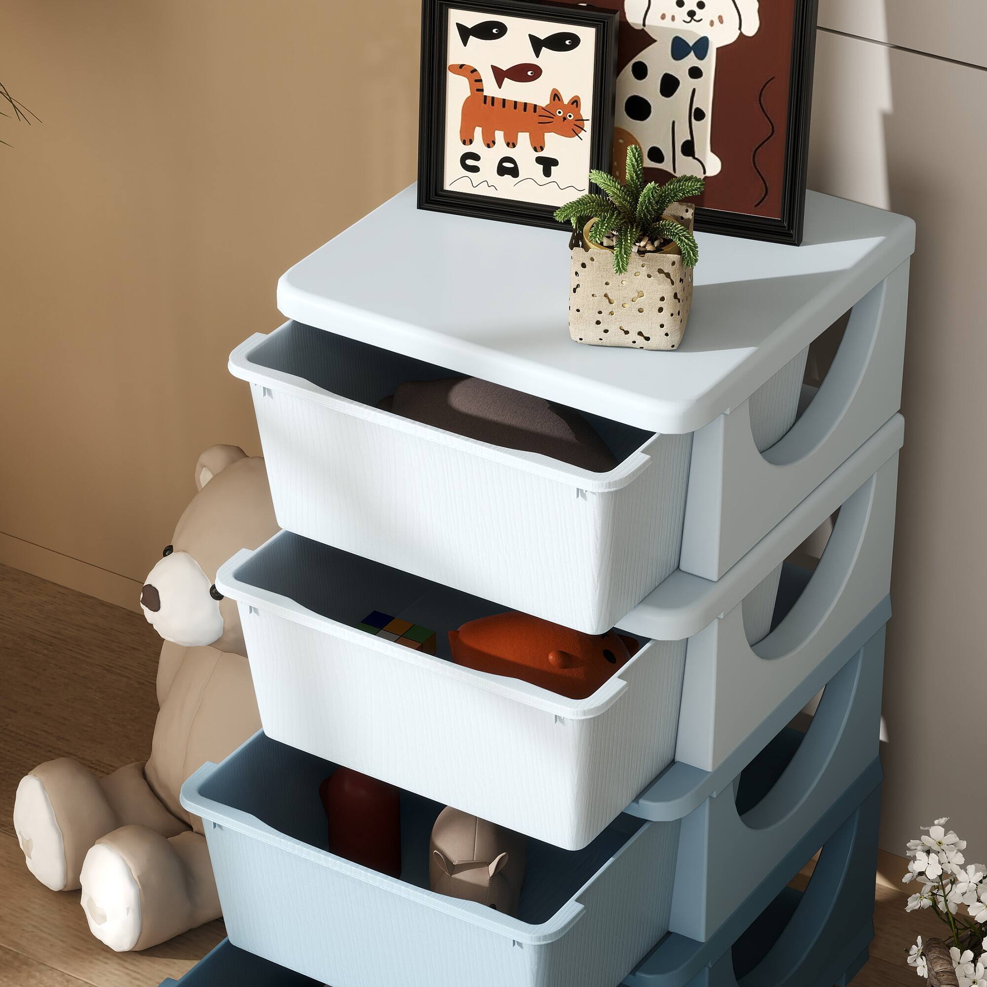 Alt View 4. Qaba - 4 Tier Kids Storage Unit, 4 Drawer Chest Toy Organizer Plastic Bins for Kids Bedroom, Nursery, Kindergarten, Living Room - Blue.