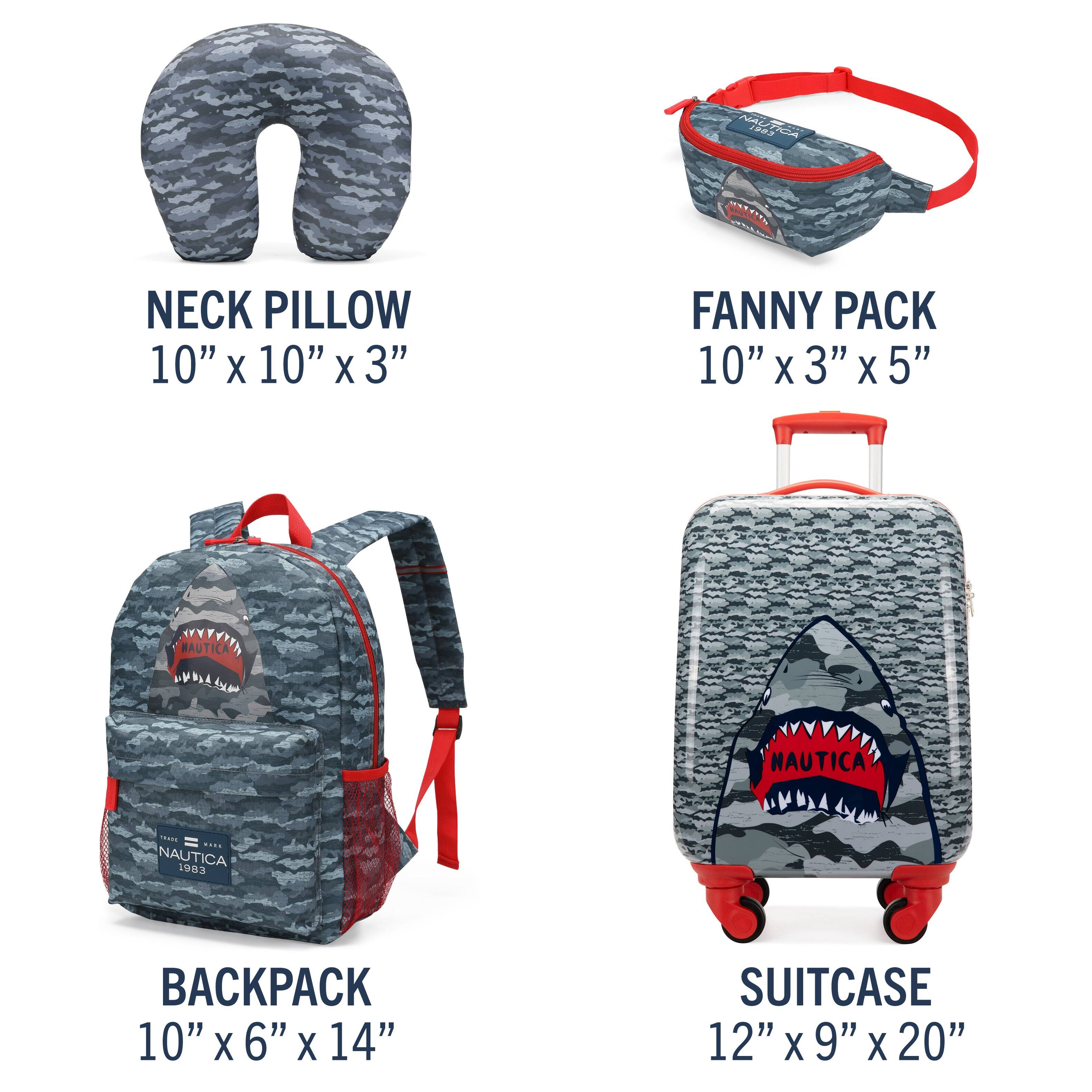 NECK PILLOW  
10" x 10" x 3"  

FANNY PACK  
10" x 3" x 5"  

BACKPACK  
10" x 6" x 14"  

SUITCASE  
12" x 9" x 20"