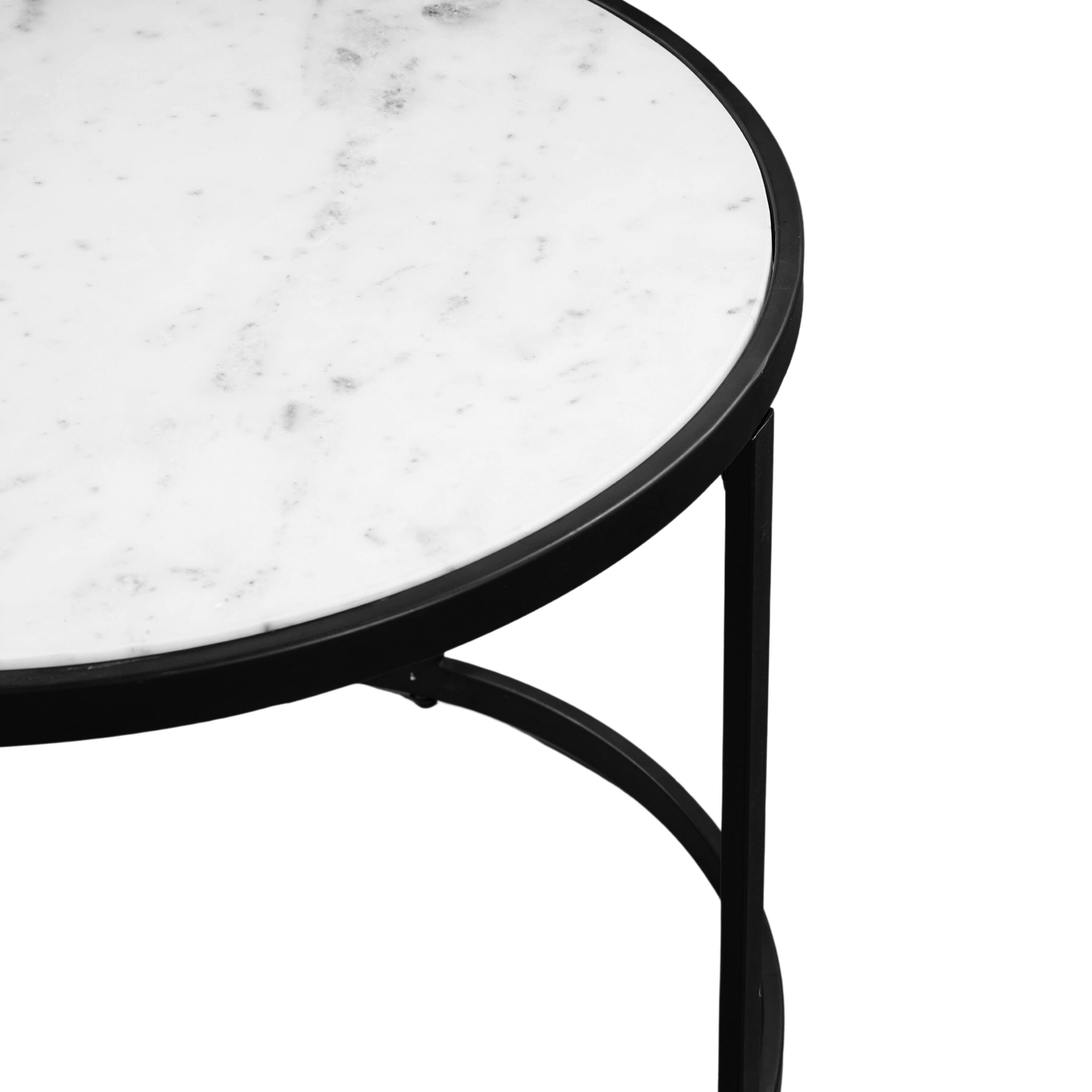 Alt View 4. Manhattan Lane - 23 Inch Side End Table, Modern Round White Natural Marble Top, Classic Black Iron Frame - Black, White.