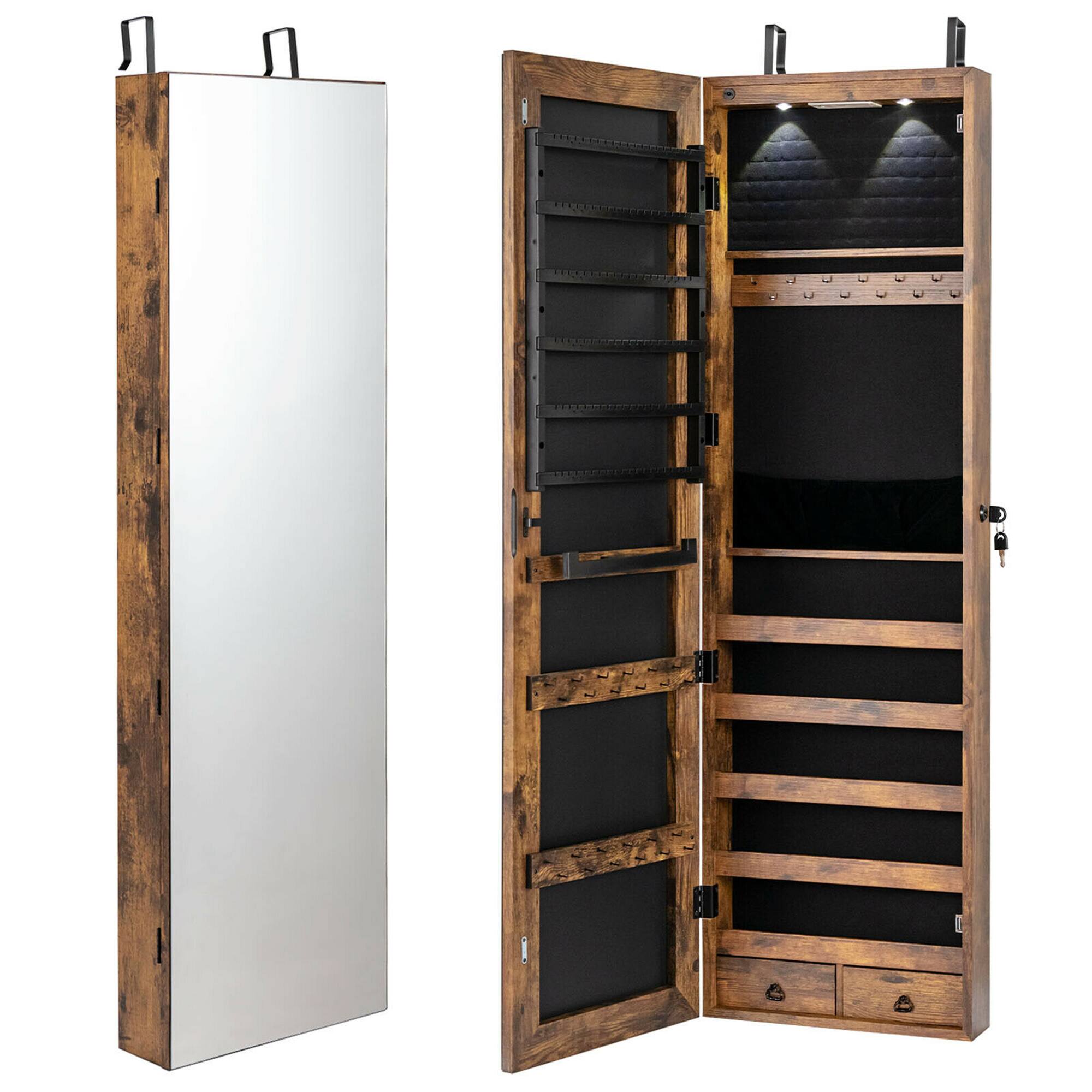 Alt View 9. Gymax - Gymax Mirrored Wall & Door Mounted Jewelry Storage Cabinet Organizer W/ Lights & Drawer Rustic Brown - Brown.