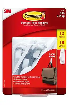 3M Command Brand
Damage-Free Hanging
Holds Strongly • Removes Cleanly
5 lb
2.2 kg
12 Hooks
18 Strips
Large Hooks
Great for hanging and organizing:
- Extension cords
- Banners and signs
- Jackets and aprons
General Purpose