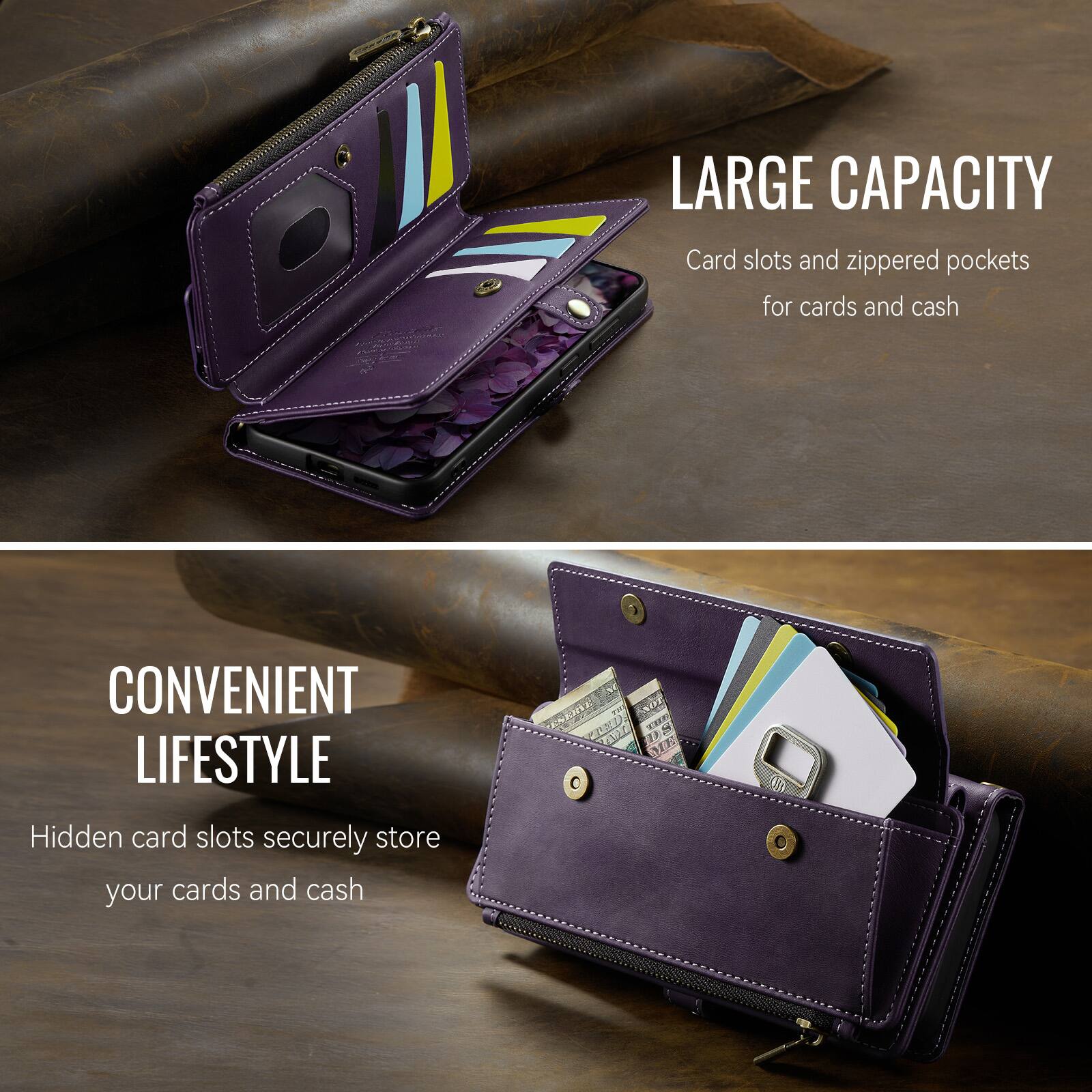 LARGE CAPACITY  
Card slots and zippered pockets for cards and cash

CONVENIENT LIFESTYLE  
Hidden card slots securely store your cards and cash